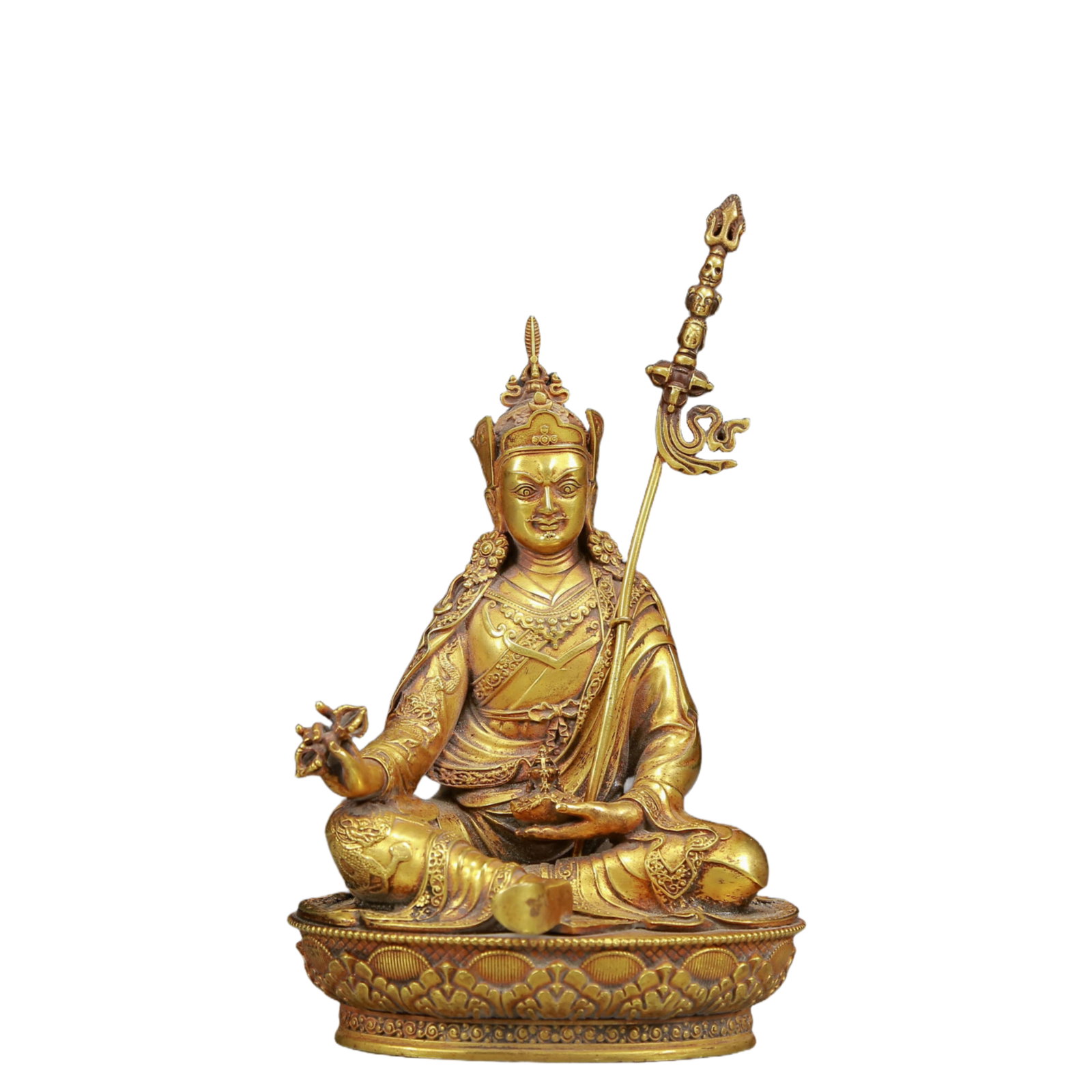 An Exquisite Embroidery Kylin Pattern Civil Official Rank Badges: A Solemn Gilt Bronze Statue of Padma Sambhava,Ming Dynasty, China,Size:4.7inx3.5inx7.5in,Weight:1640g 铜鎏金莲花生大士像，明代