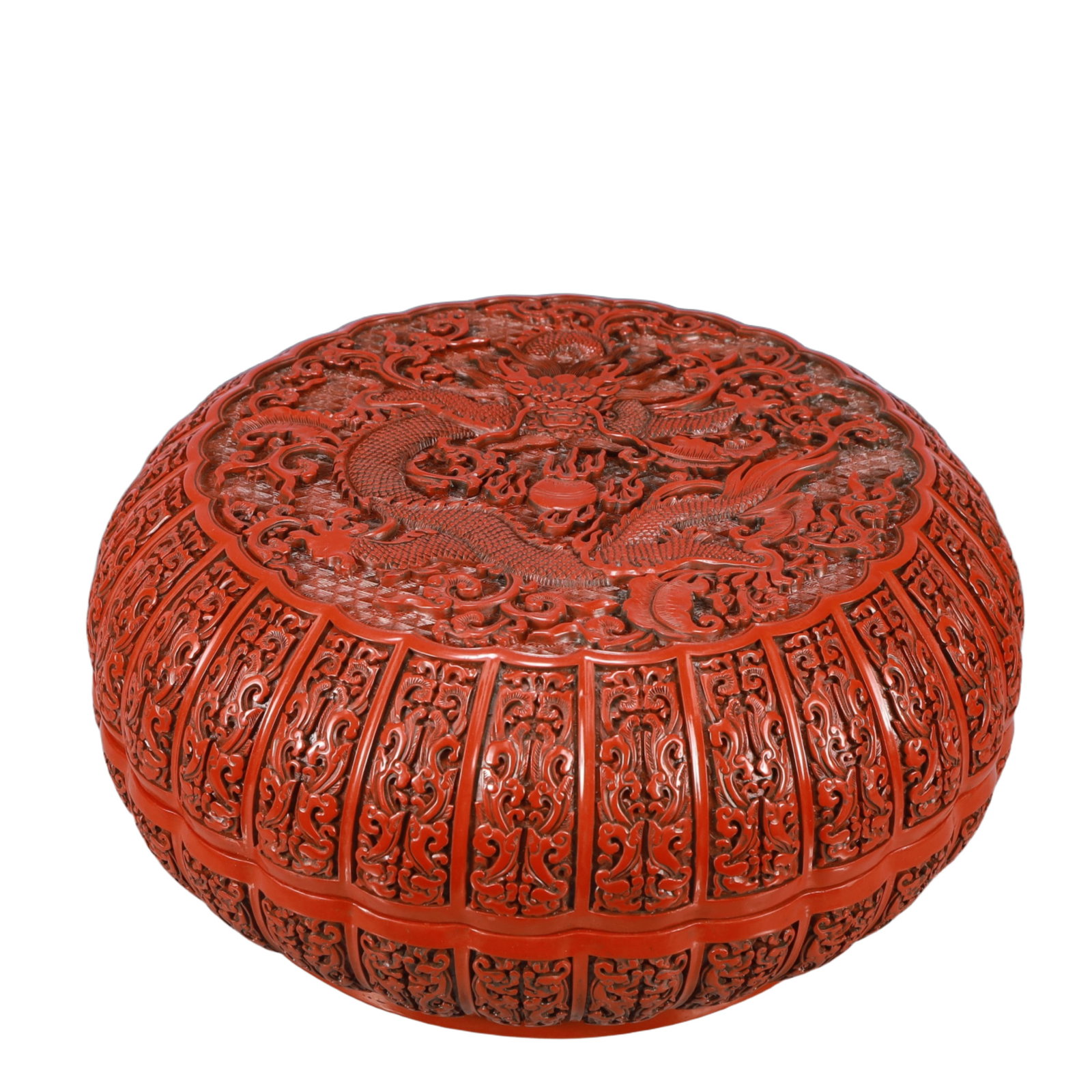 An Exquisite Beeswax Inlaid Silver Necklace: A Huge Carved Red Lacquer Dragon Pattern Cover Box,with an Imperial Poem by Emperor Qianlong,Qing Dynasty, China,Size:18.1inx8.3in,Weight:6250g