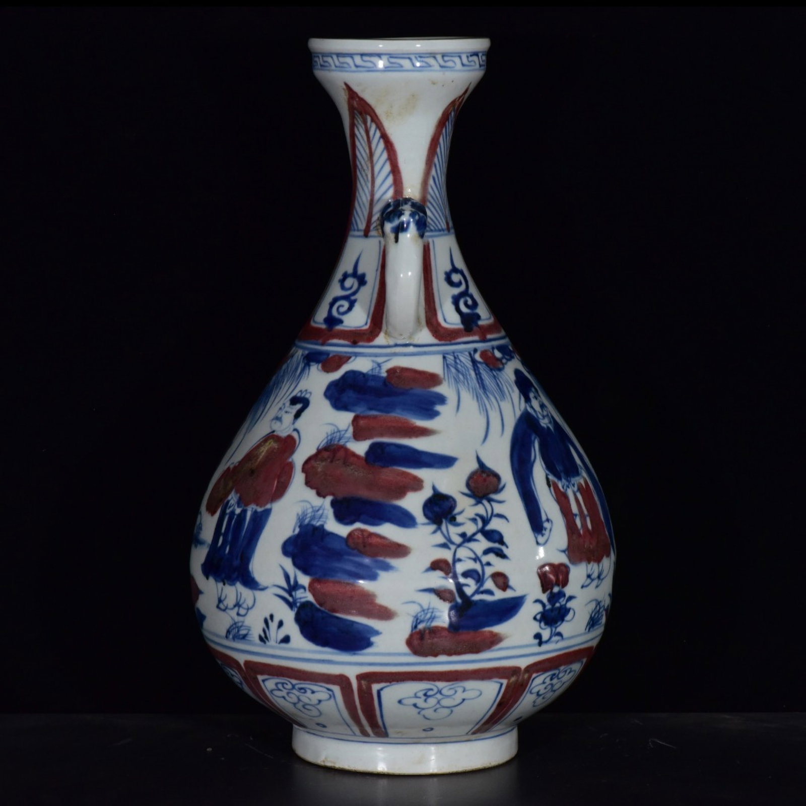 A Chinese Hand Scroll Ink Painting of Character and Story on Silk: A Rare Blue and White Underglaze-Red Character and Story Pattern Double-Ears Vase,Yuan Dynasty,China,With Mark,Size:14.2inx7.9in 青花釉里红人物故事