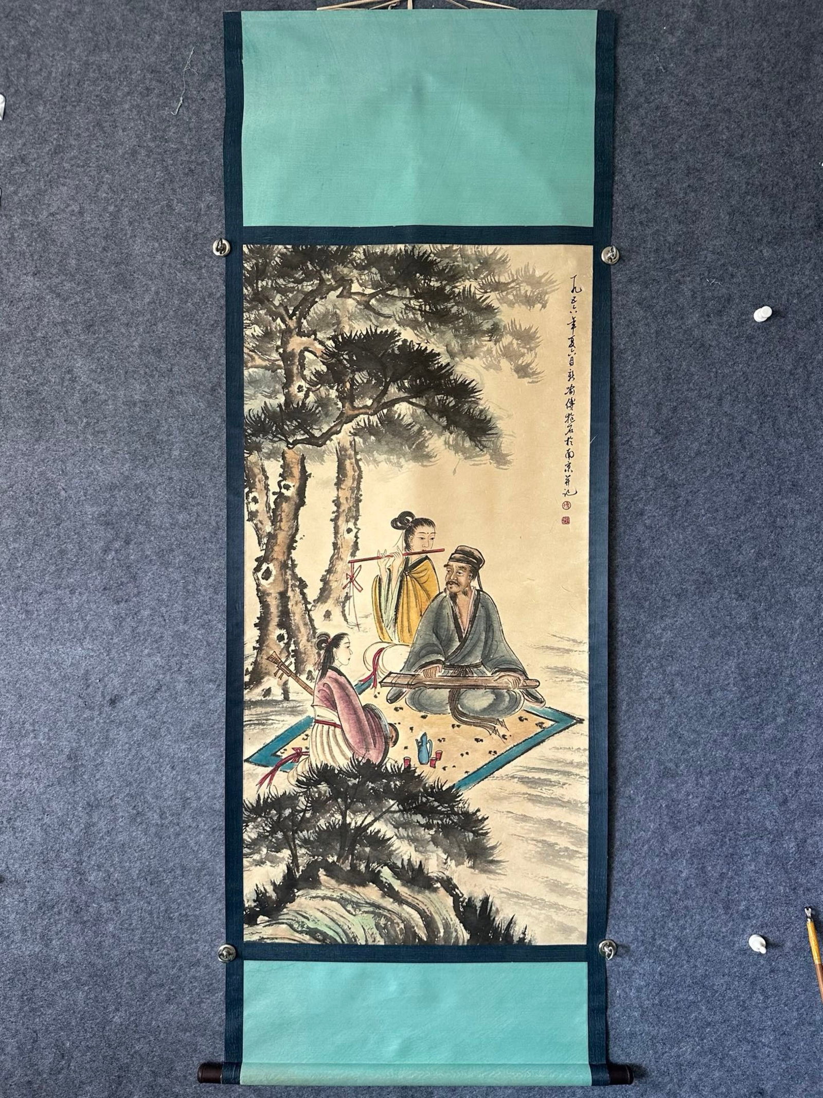 A Huge Boxwood Inlaid Cloisonne Goat Pattern Hanging Panel,With Poem: A Chinese Vertical Scroll Ink Painting of Character and Story on Paper,Fu Baoshi,Size:26.8inx53.9in 一幅中国水墨人物故事画立$