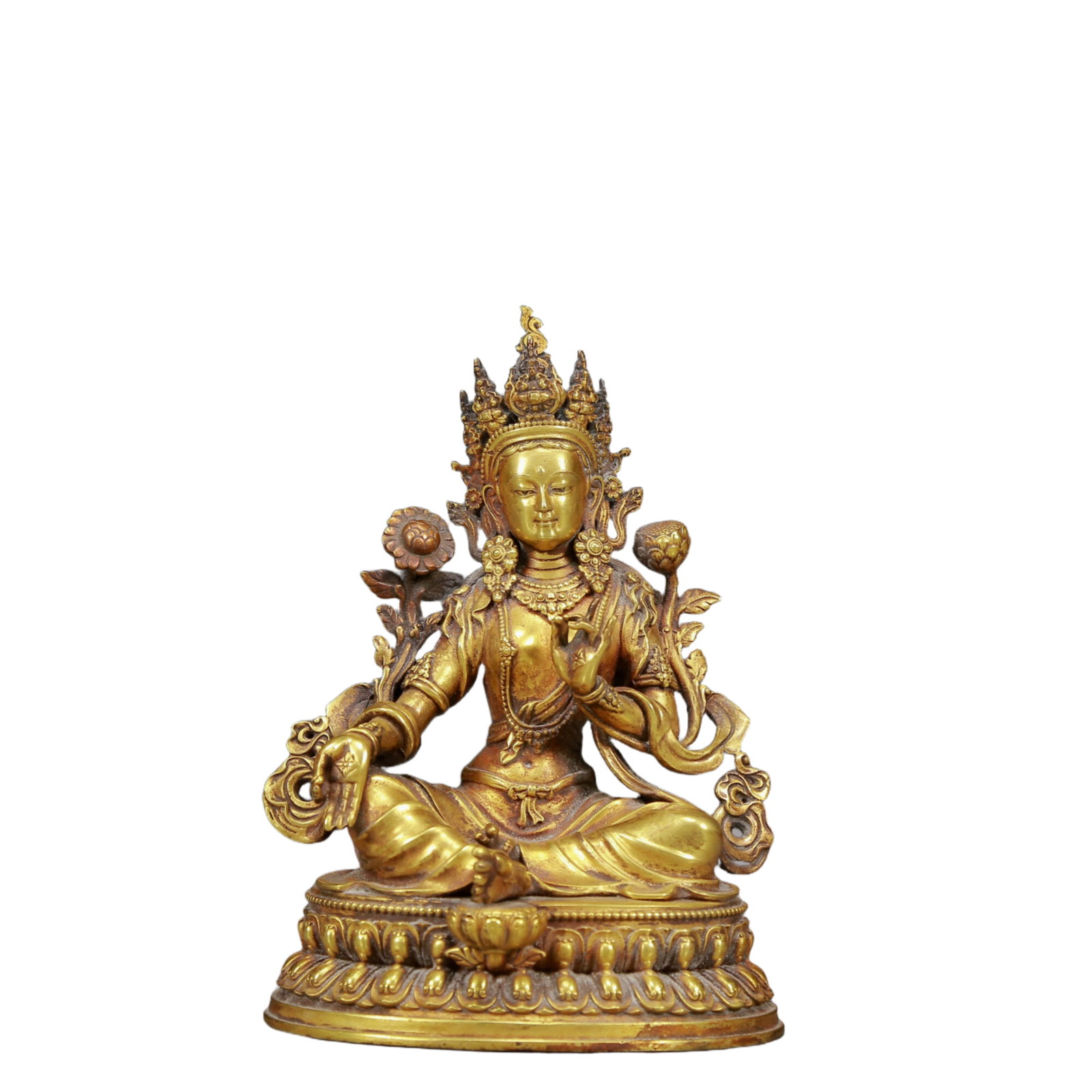 A Huge Gold Ground Enamel Flower and Peacock Pattern Vase: A Solemn Gilt Bronze Statue of Tara,Ming Dynasty, China,Size:4.3inx3.5inx6.3in,Weight:1090g 铜鎏金度母像，明代