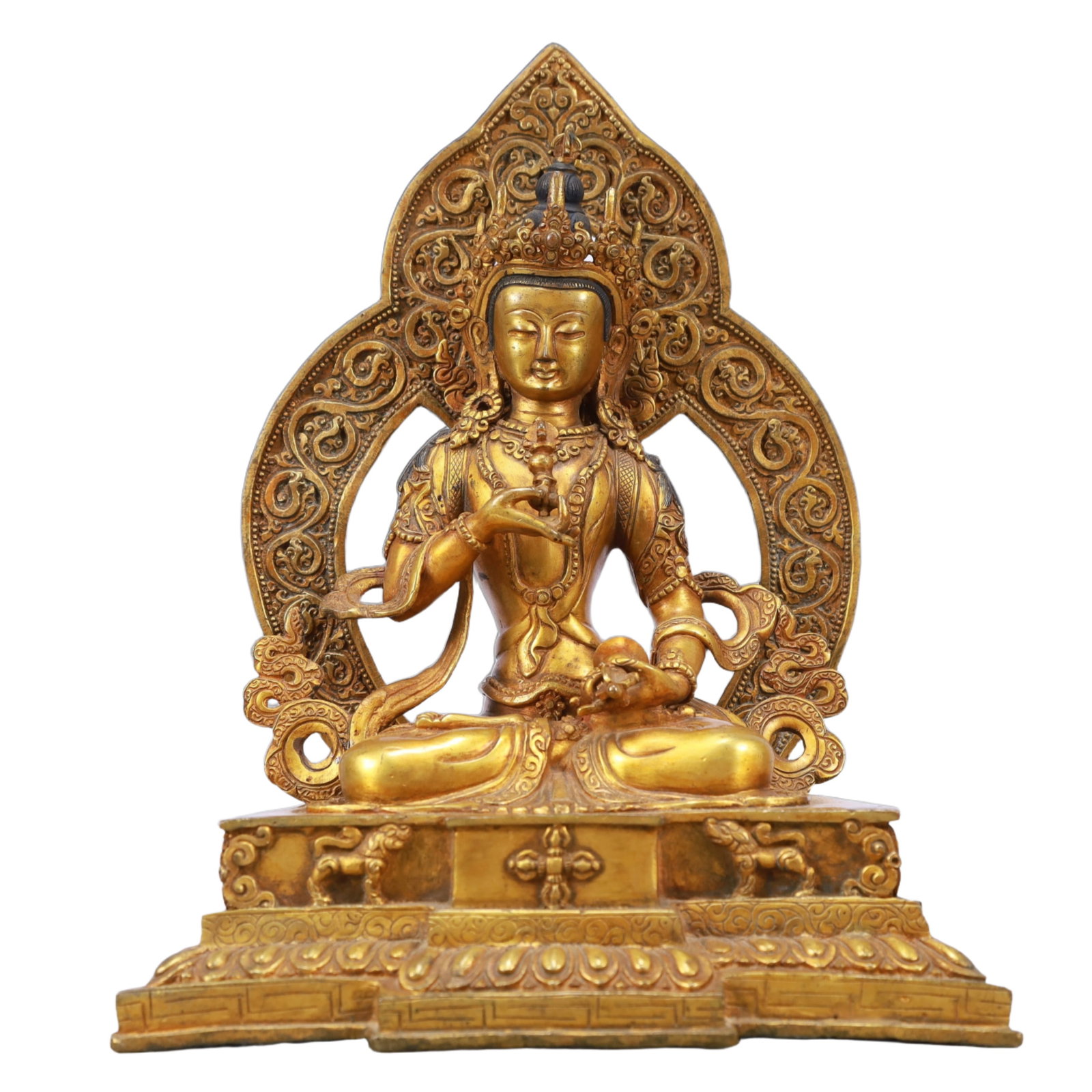 An Exquisite Glass Box with Cover: A Solemn Gilt Bronze Statue of Bodhisattva,Ming Dynasty, China,Size:7.9inx5.1inx10.2in,Weight:2200g 铜鎏金菩萨像,中国明代