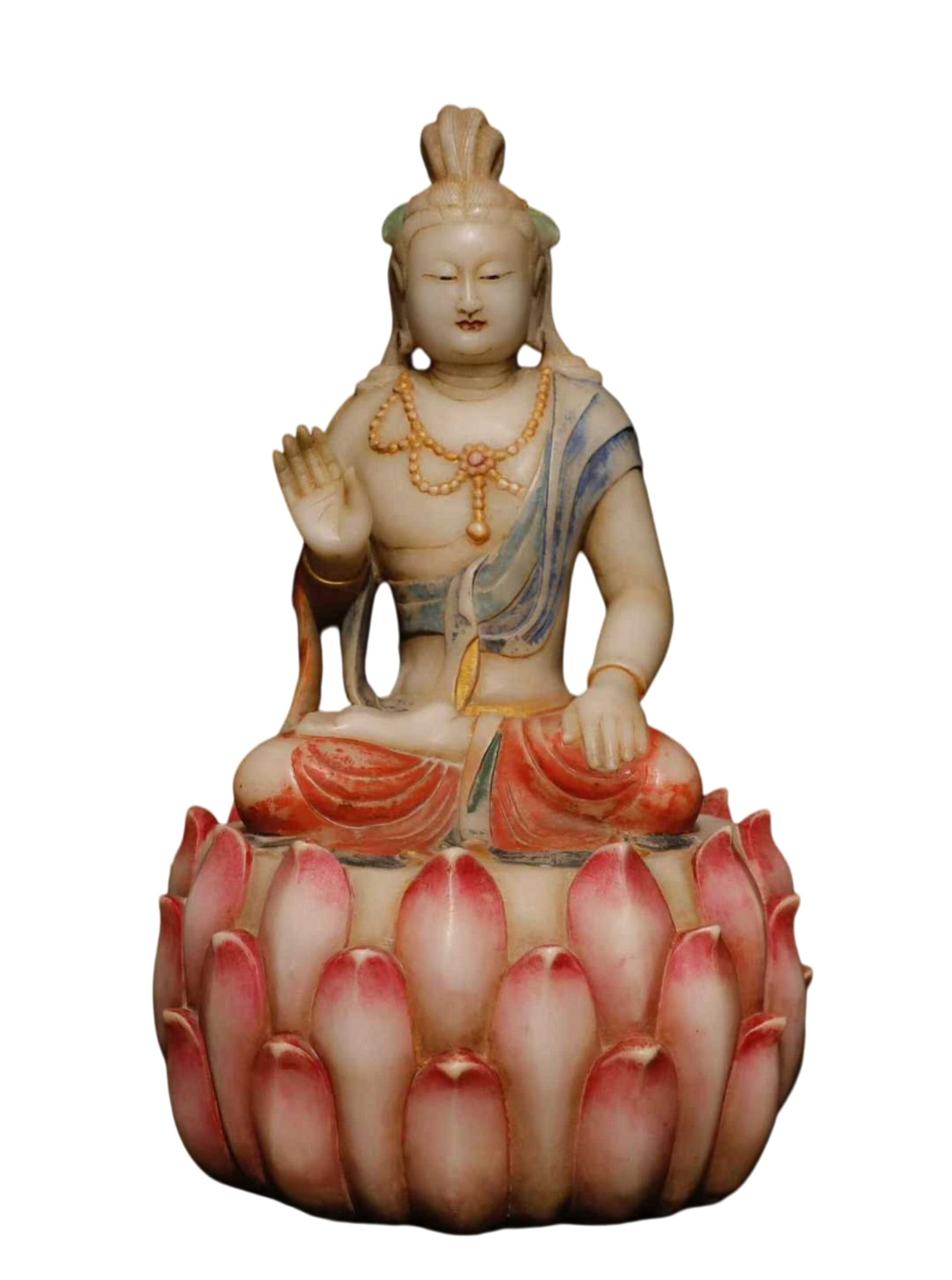 An Exquisite Bronze-Gold Plated Inlaid White Jade Necklace: A Solemn Marble Painted Color Statue of Avalokitesvara,Tang Dynasty,China,Size:23.6inx14.6in 汉白玉彩绘观音像,中国唐代