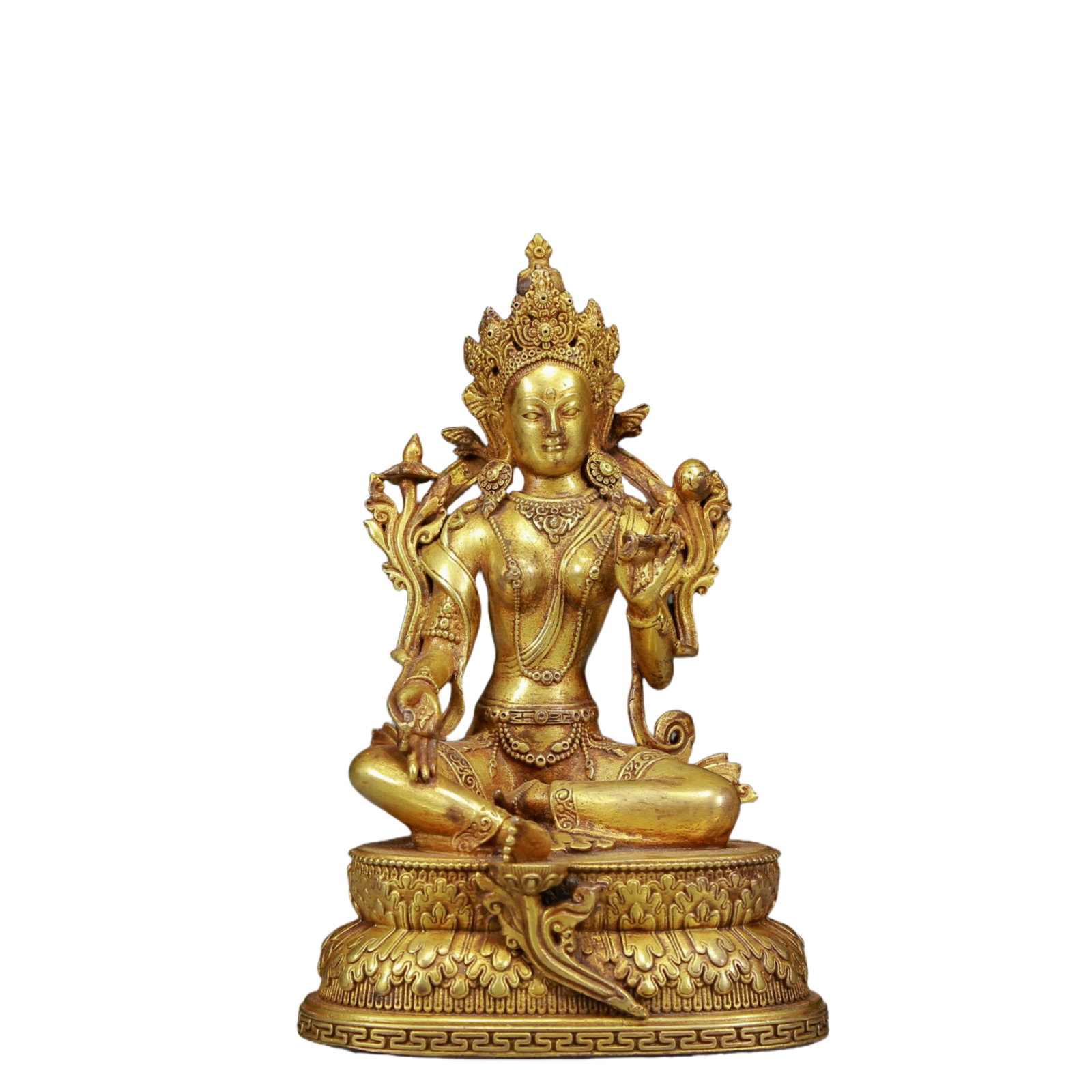 An Exquisite White Jade Sandalwood Bracelets: A Solemn Gilt Bronze Statue of Tara,Ming Dynasty, China,Size:3.9inx2.8inx5.9in,Weight:665g 铜鎏金度母像，明代