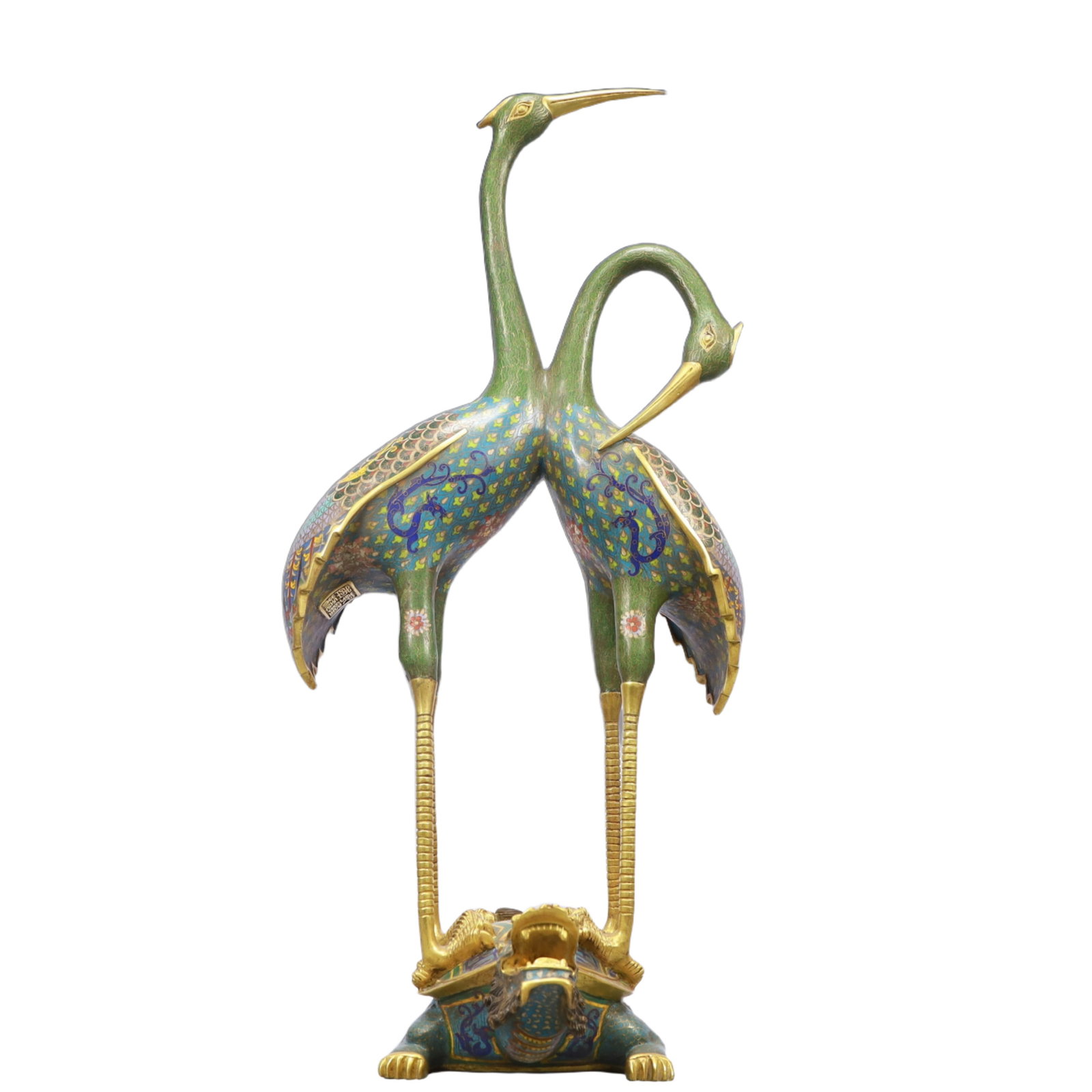 A Solemn Gilt Bronze Statue of Tara: A Monumental Cloisonne Flower Pattern Red-crested crane Ornament,Qing Dynasty, China,Qianlong Four-character Mark,Size:12.2inx11inx25.6in Weight:9500g 景泰蓝花卉纹&