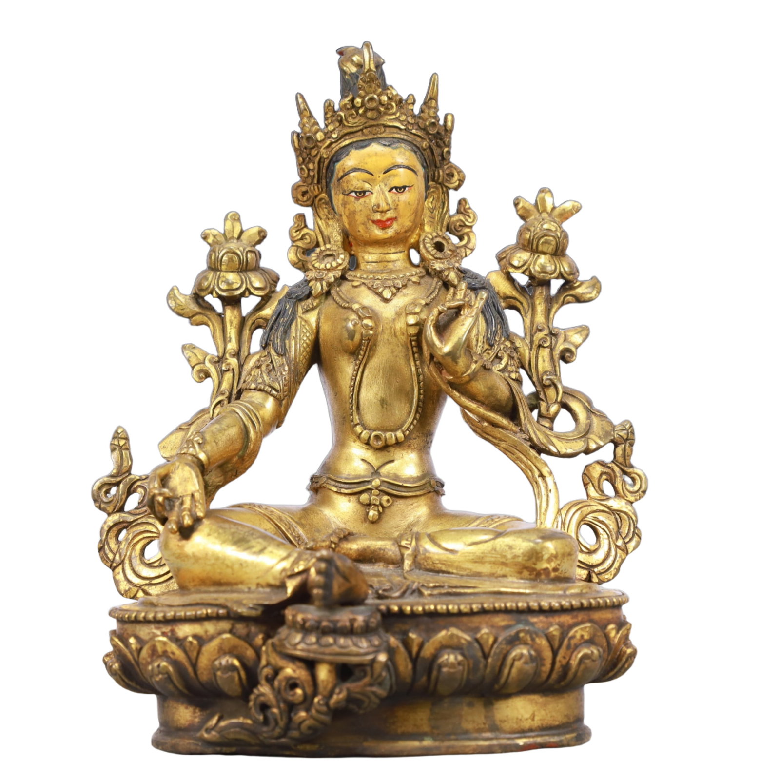 An Archaic Bronze Beast Ornament: A Solemn Gilt Bronze Statue of Tara,Qing Dynasty, China,Size:6.3inx4.3inx8.3in,Weight:1750g 铜鎏金度母像,中国清代