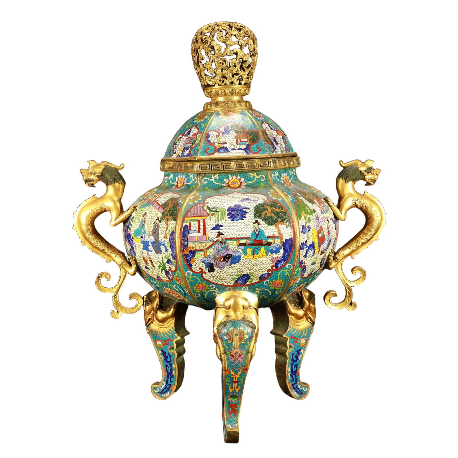 An Exquisite Wucai Character and Story Pattern Vase: A Huge Cloisonne Lotus and Figure Pattern Dragon-Ears Tripod Censer,(A type of enamelware with metal wires separating colored glaze, originating in China),Qing Dynasty,China,Qianlong Four-character