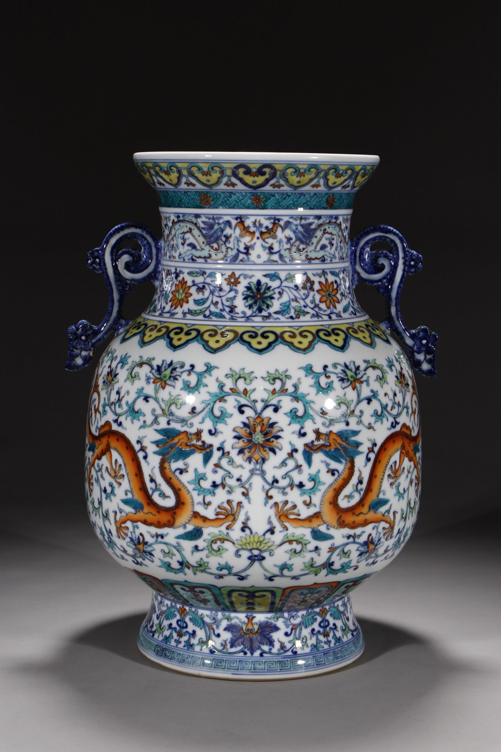 An Exquisite White Jade Dragon Pattern Pendant: A Rare Doucai Lotus and Dragon Pattern Double-Ears Vase,Qing Dynasty,China,Qianlong Six-character Mark,Size:15.4in
