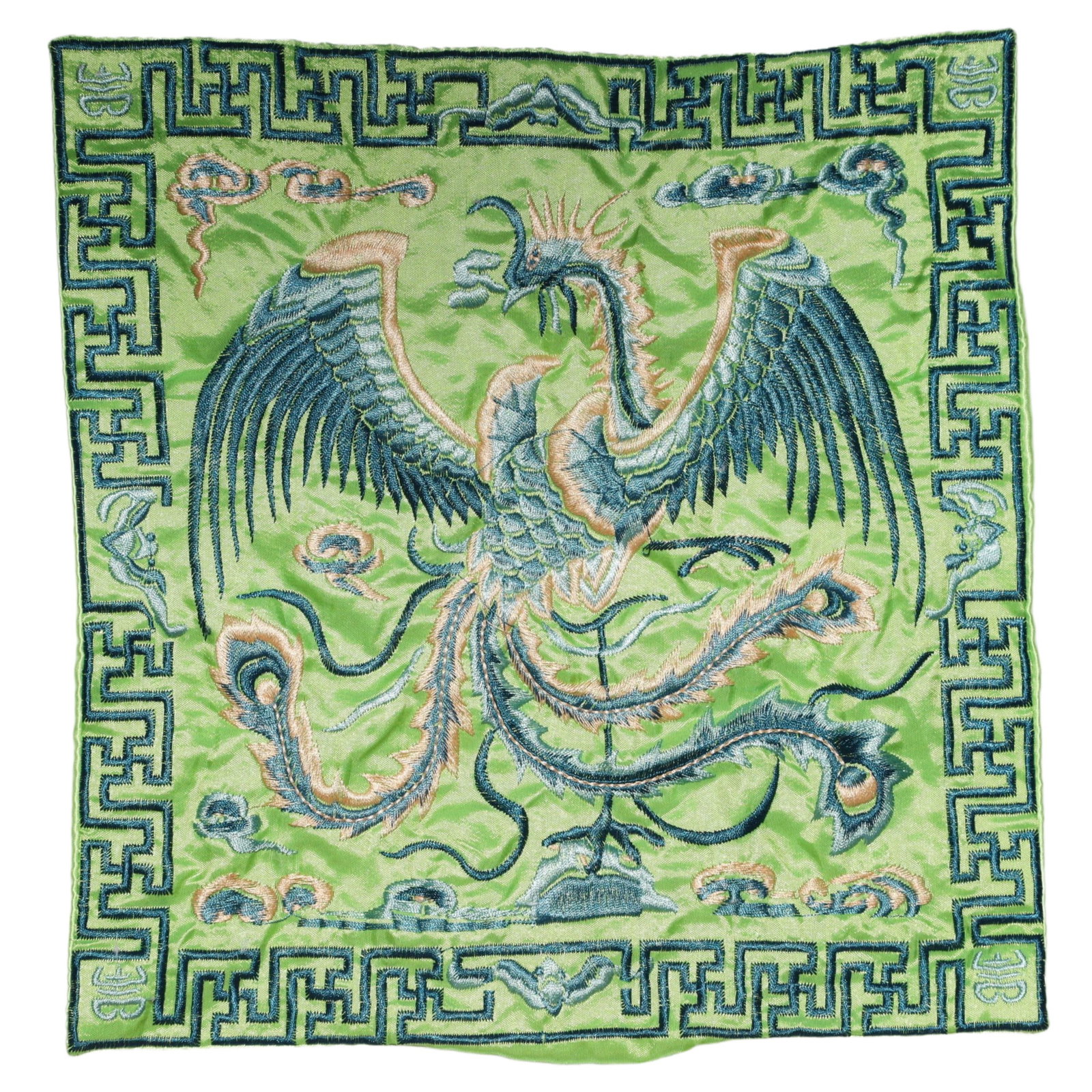 A Solemn Gilt Bronze Statue of Vajra: An Exquisite Embroidery Phoenix Pattern Civil Official Rank Badges,Qing Dynasty,China,Size:10.2inx10.2in 刺绣凤官补,中国清代