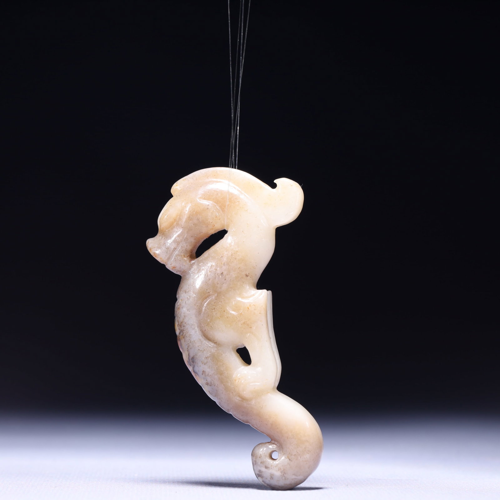 A Pair of Exquisite Sterling Silver-Gold Plated Inlaid Cinnabar Earrings: An Exquisite White Jade Dragon Ornament,Qing Dynasty,China,Size:3.1inx0.4inx1.4in,Weight:42g 白玉龙摆件,中国清代
