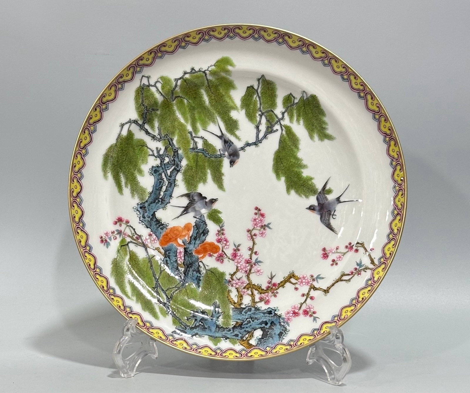 A Solemn Gilt Bronze Statue of Sakyamuni: An Exquisite Enamel Ruby Red-Glazed Flower and Bird Pattern Plate,Qing Dynasty,China,Yongzheng Four-character Mark,Size:1.2inx9.4in 珐琅彩胭脂红花鸟 