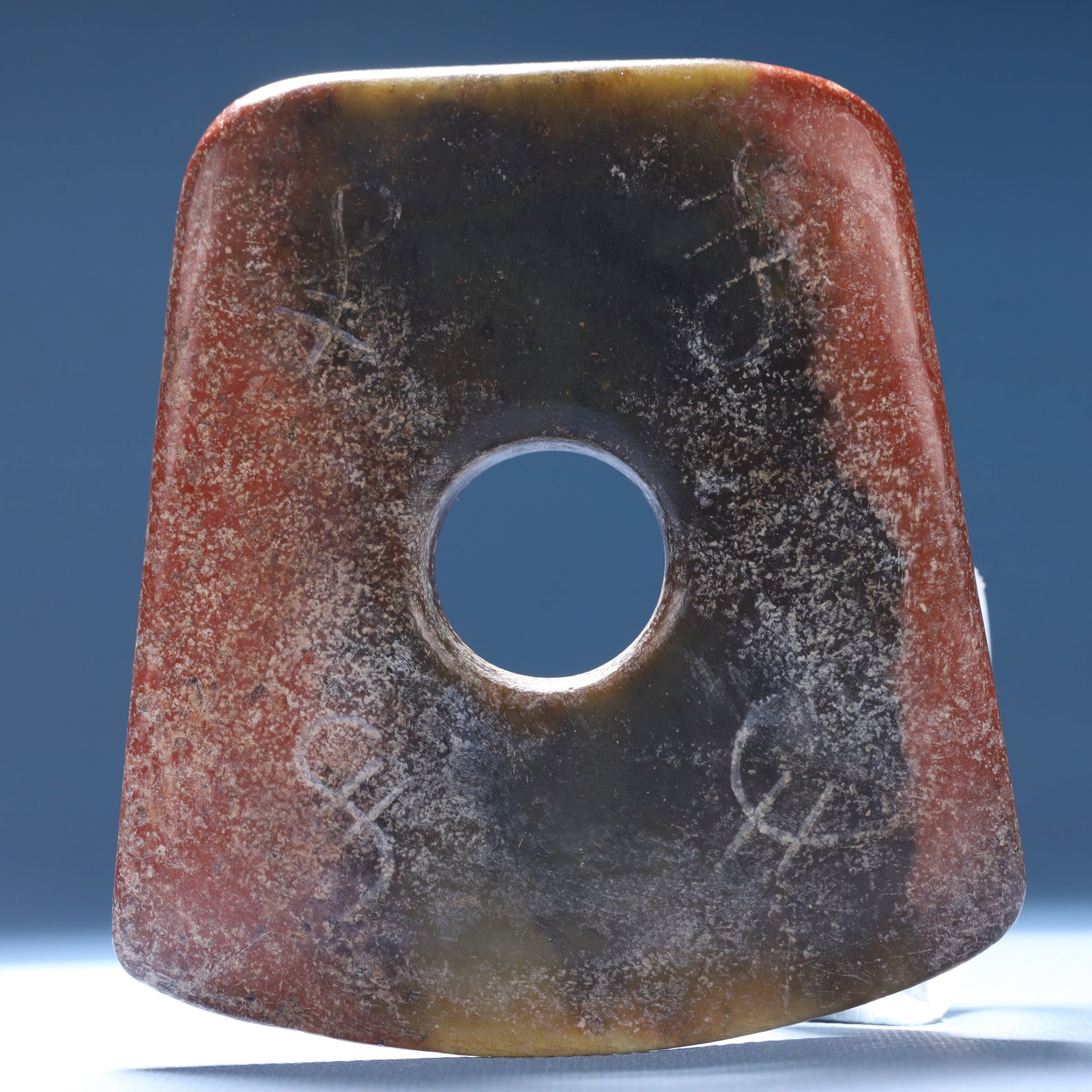 A Rare Doucai Flower and Crane Pattern Double-Ears Vase: An Archaic Hongshan Culture Yellow Jade Pendant,Ancient Time,China,Size:4.1inx3.8inx0.6in,Weight:256.1g 红山文化黄玉挂件,中国新石