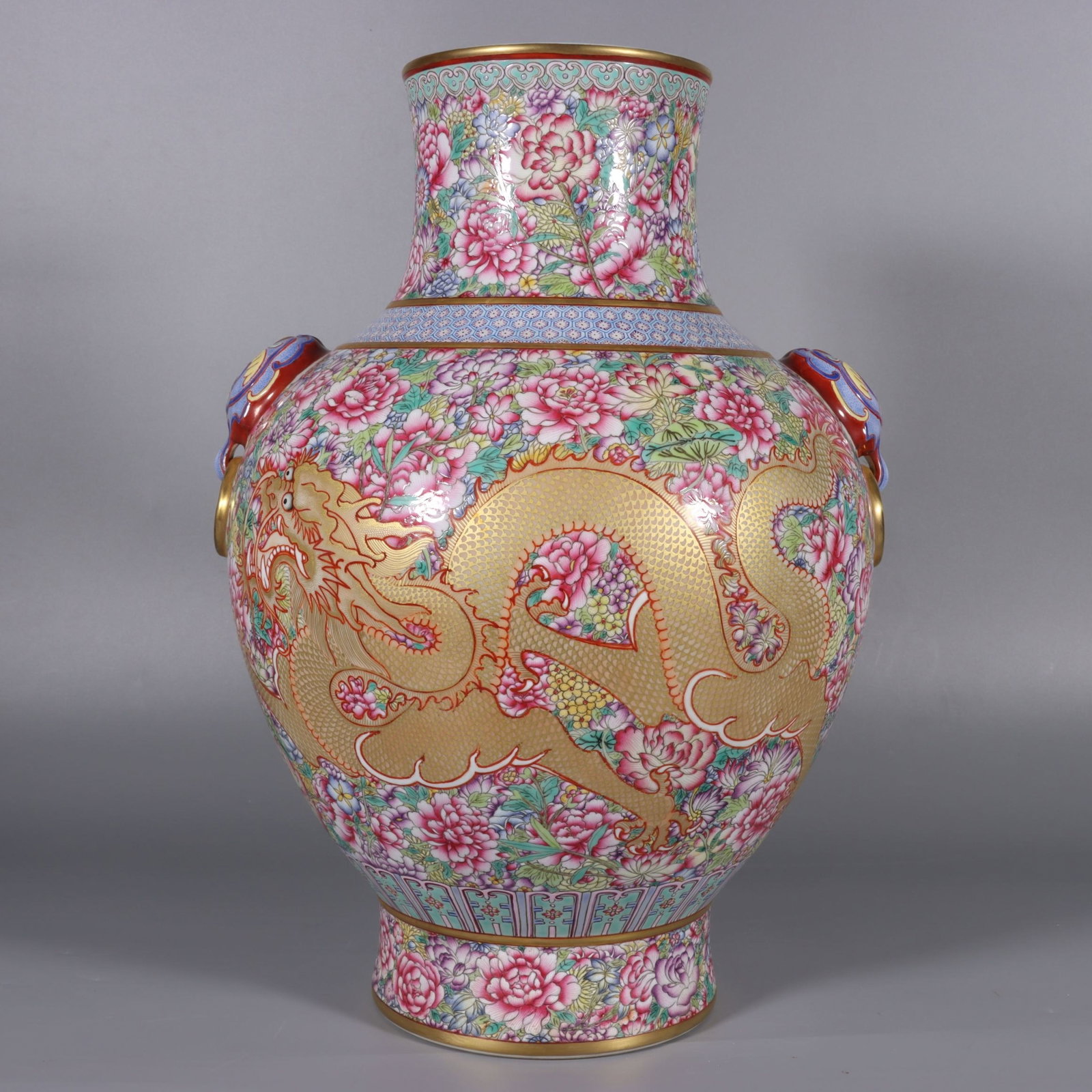 A Chinese Vertical Scroll Ink Painting of Character and Story on Paper: A Rare Famille-Rose Painted Gold Flower and Dragon Pattern Beast-Ears Vase,Qing Dynasty,China,Qianlong Six-character Mark,Size:15.2inx5.6in 粉彩描金花卉龙 