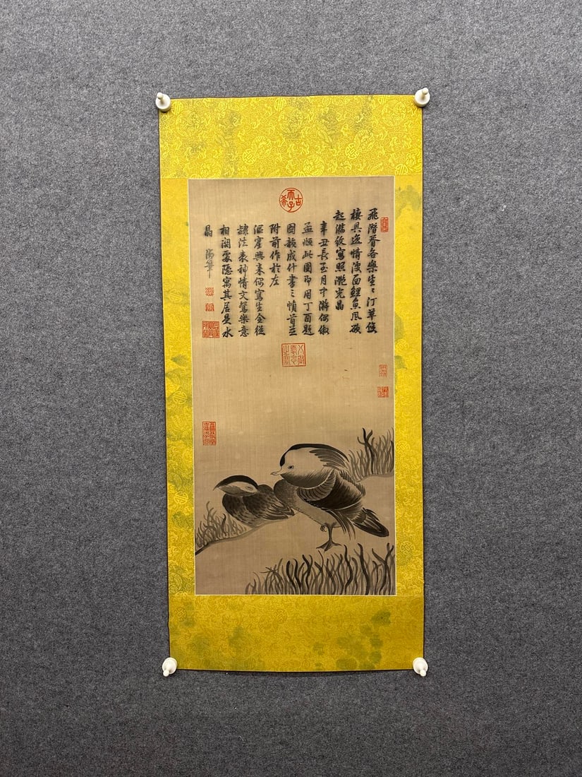 A Pair of Huge Famille-Rose Character and Story Pattern Brush Pots,with poem: A Chinese Ink Painting of Mandarin Duck on Silk,Qianlong,Size:32.7inx16.1in 一幅中国水墨绢本鸳鸯画,乾隆