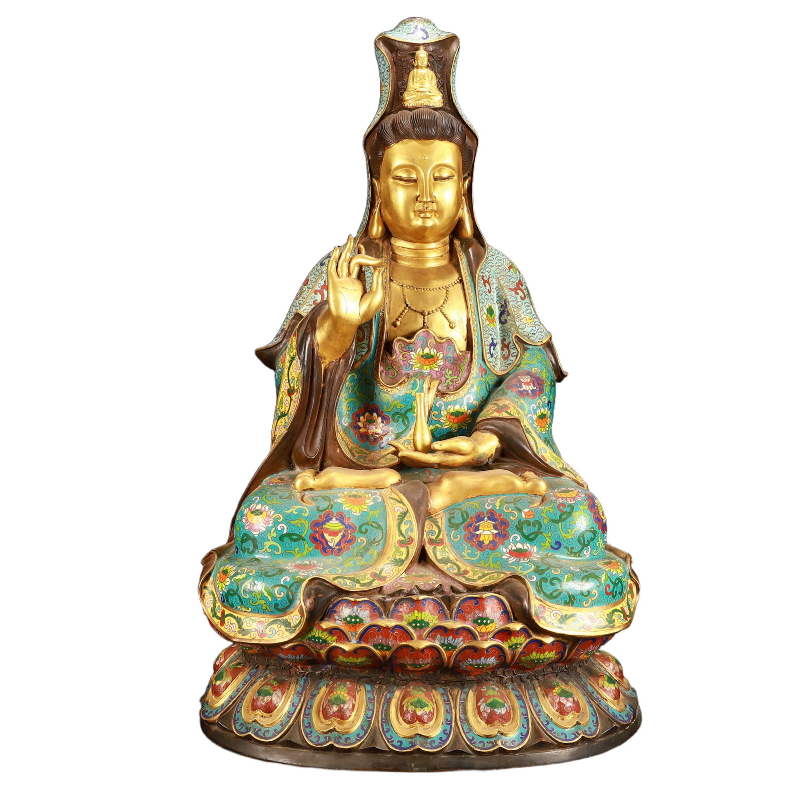 A Chinese Vertical Scroll Ink Painting of Flower and Melon and Fruit on Paper: A Huge Cloisonne Lotus Pattern Statue of Avalokitesvara,(A type of enamelware with metal wires separating colored glaze, originating in China),Qing Dynasty,China,Size:17.7inx14.2inx26.4in,Weight:19300