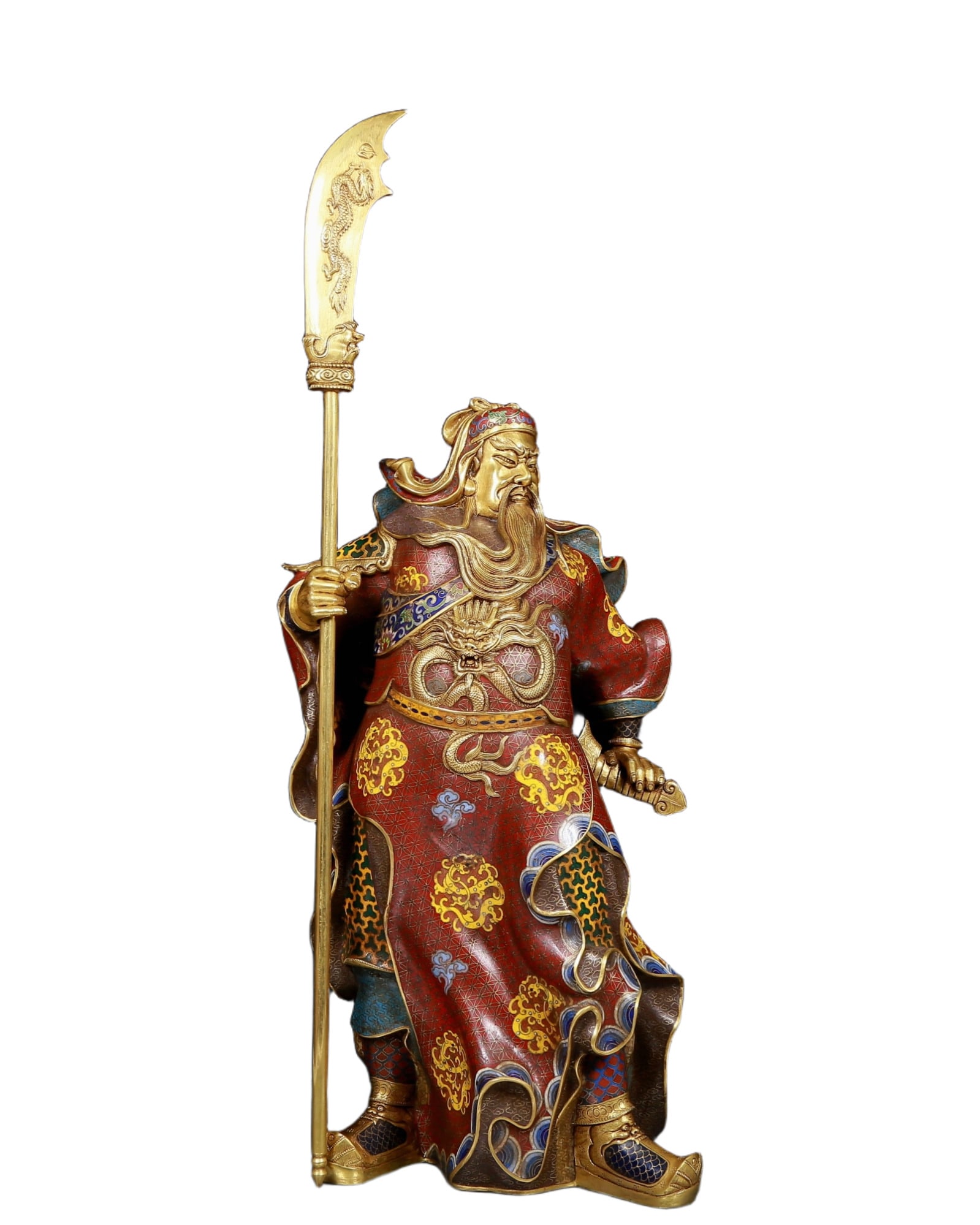 An Exquisite White Jade Avalokitesvara Pattern Pendant: A Huge Cloisonne Statue of Guangong,Qing Dynasty, China,Qianlong Four-character Mark,Size:10.2inx7.1inx26.8in,Weight:12,10kg