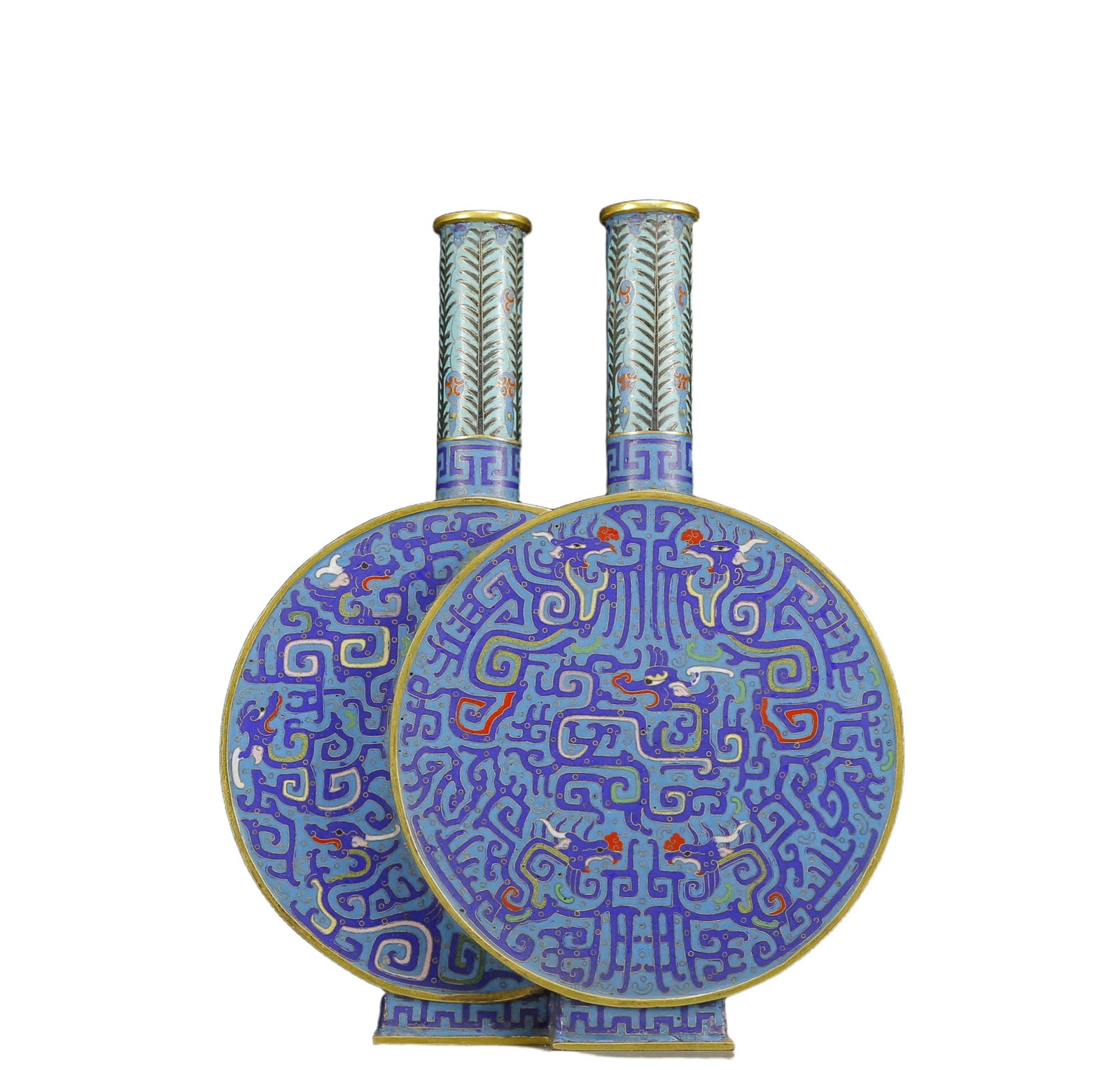 An Exquisite Famille-Rose Painted Gold Character and Story Pattern Vase,with poem: A Rare Cloisonne Dragon Pattern Vase,Qing Dynasty, China,Size:12.2inx2.8inx15.4in,Weight:8620g 景泰蓝龙纹瓶，清代