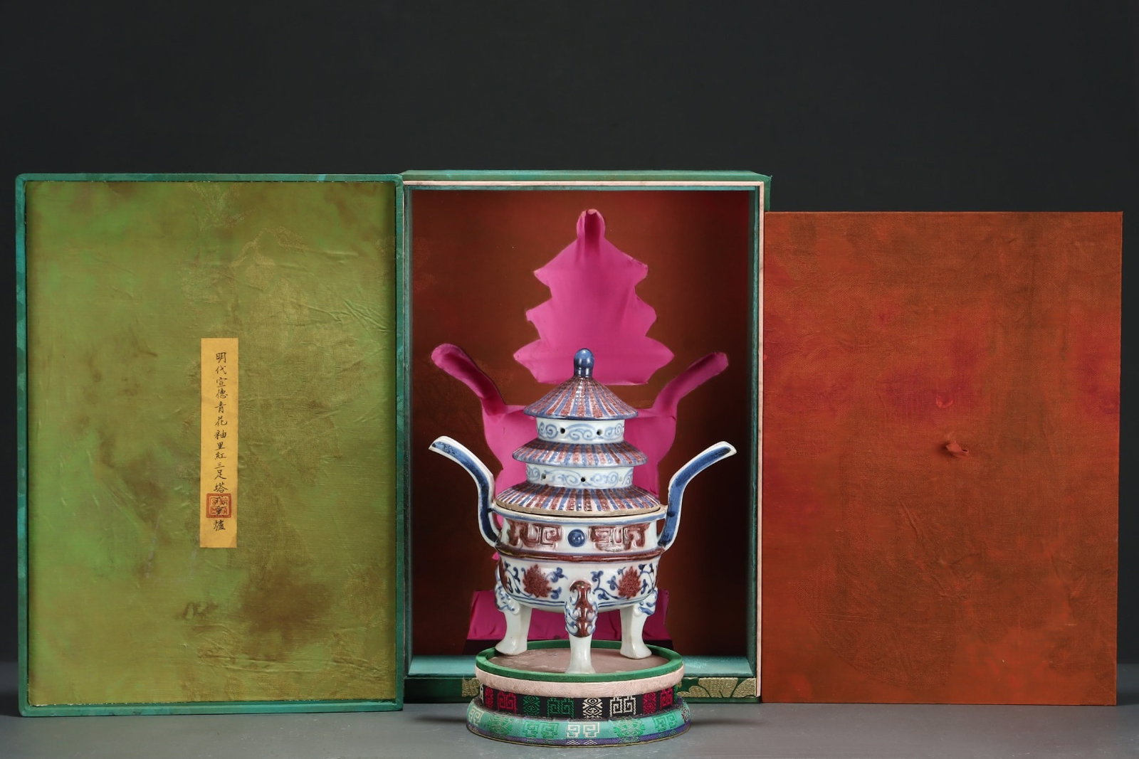 An Exquisite Filigree and Gilding Inlaid White Jade Statue of Sakyamuni,Inlaid Gems: An Exquisite Blue and White Underglaze-Red Tripod Censer,Ming Dynasty,China,with Xuande Four-character Mark,Size:10.1inx9.6in