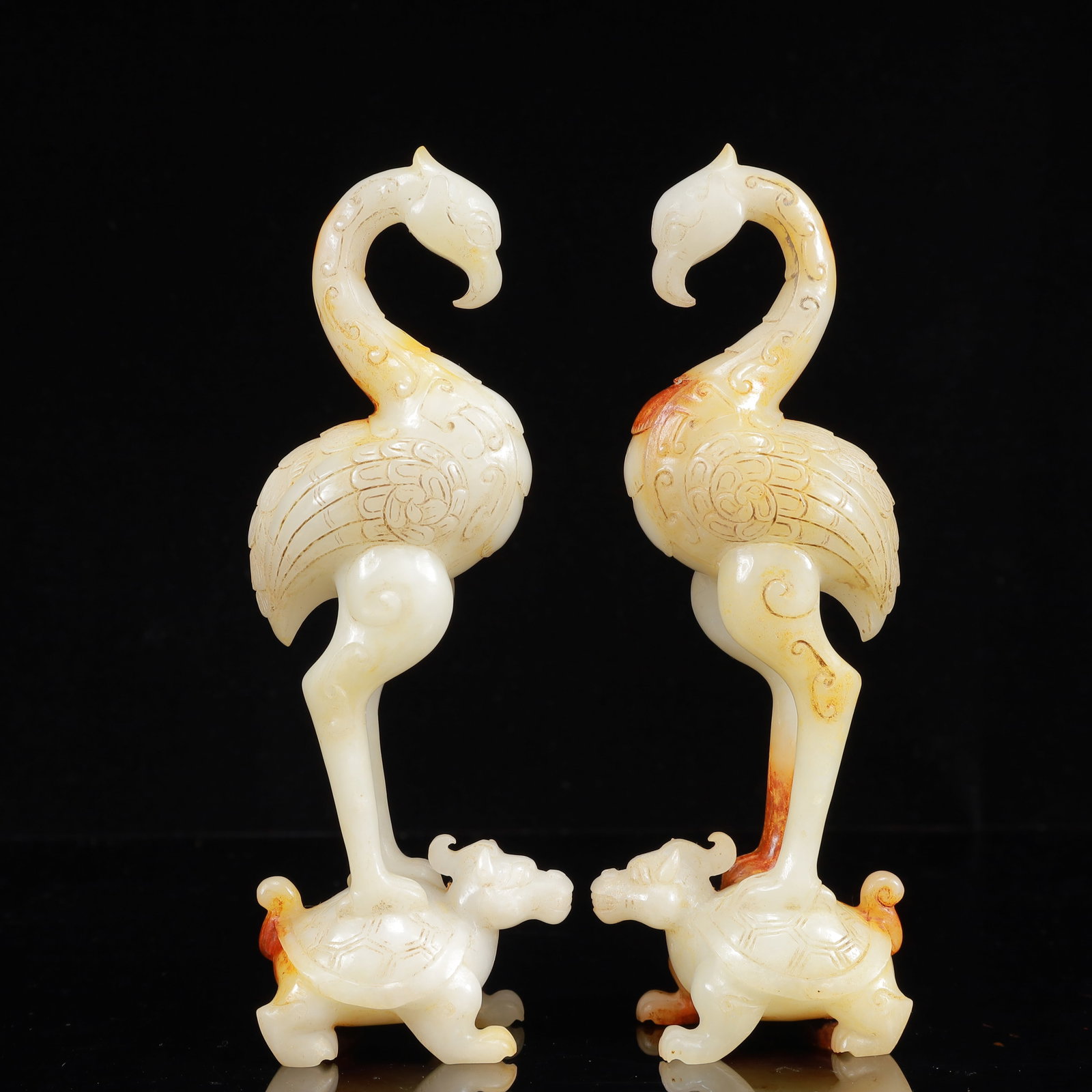 An Archaic Hongshan Culture White chicken bones Cicada Pendant: A Pair of Exquisite White Jade Crane Ornaments,Qing Dynasty,China,Size:6.7inx2.4inx1.6in,Weight:554g 一对白玉仙鹤摆件,中国清代