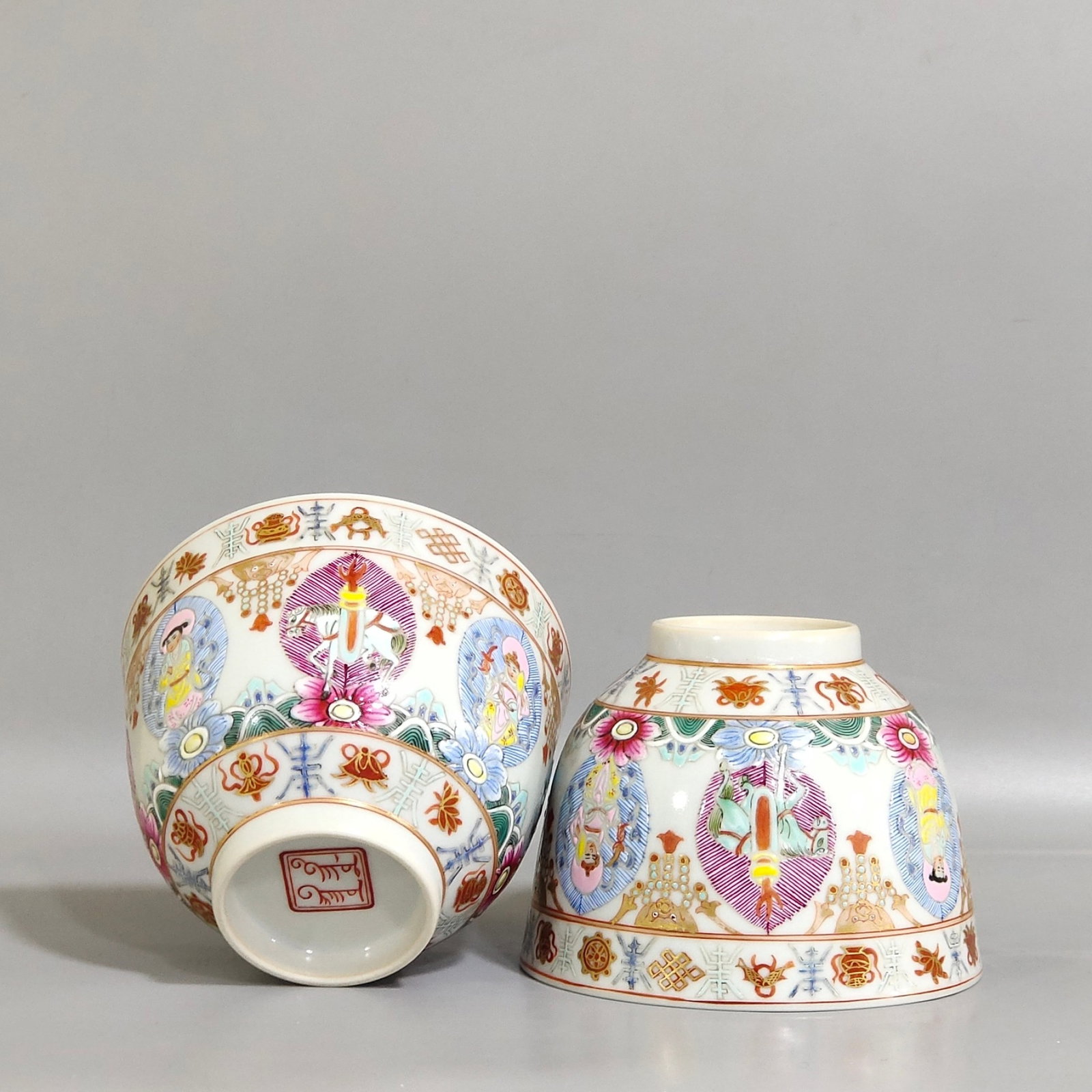 An Exquisite Ru yao Sky Blue Glazed Cover with Silver Vase,with an Imperial Poem by Emperor Qianlong: A Pair of Exquisite Enamel Eight Treasures Pattern Cups,Qing Dynasty,China,Size:2.7inx3.5in 一对珐琅彩八宝纹杯子,中国清