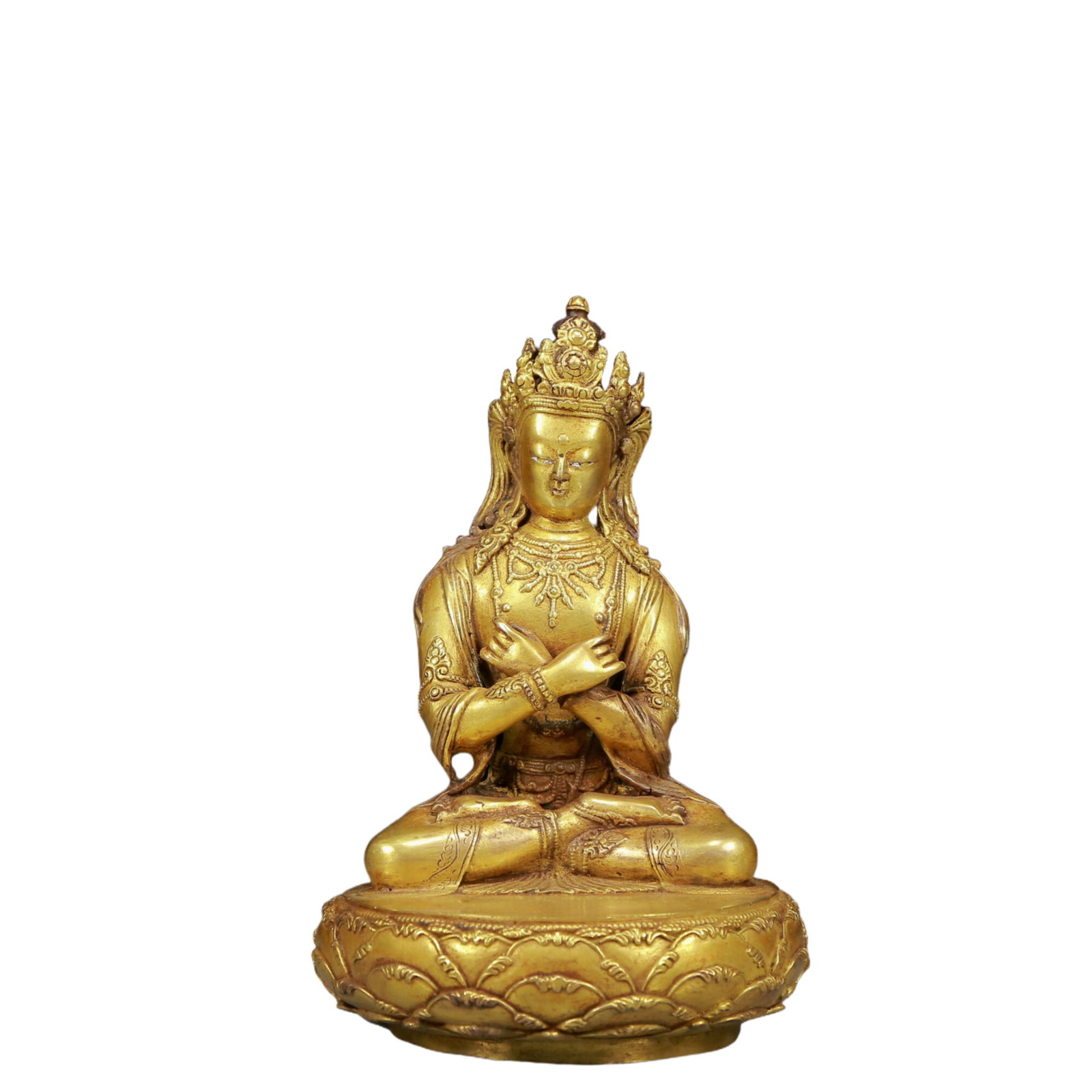 An Exquisite White Jade Fish Pattern Pendant: A Solemn Gilt Bronze Buddha Statue,Ming Dynasty, China,Size:4.9inx7.9in,Weight:1820g 铜鎏金佛像，明代