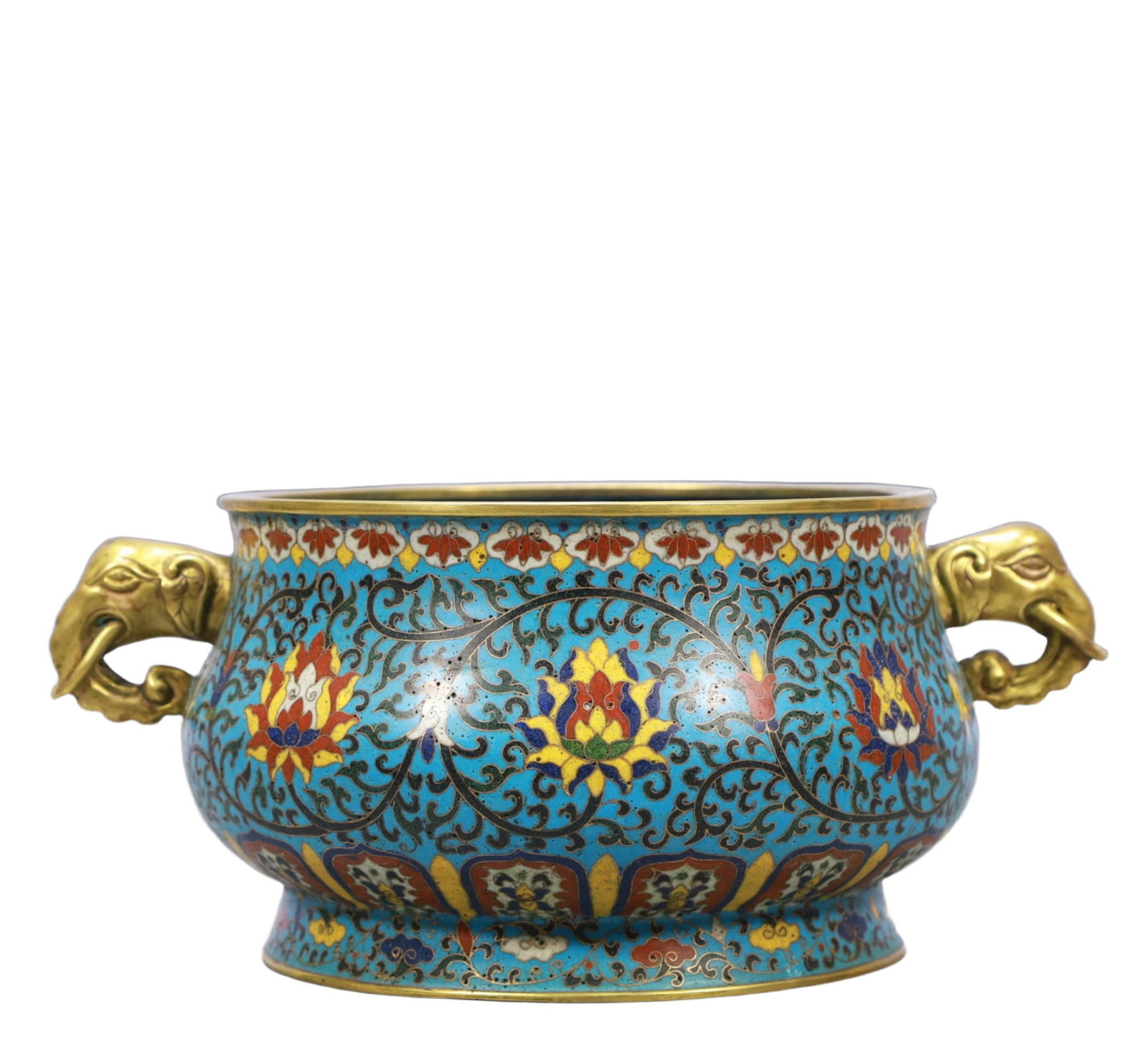 An Exquisite Ink Color Painted Gold Phoenix Pattern Jar with Cover,with poem: An Exquisite Cloisonne Lotus Pattern Elephant-Ears Censer,Ming Dynasty, China,Xuande Four-character Mark,Size:10.2inx7.1inx4.5in,Weight:1450g 景泰蓝缠枝莲纹&#