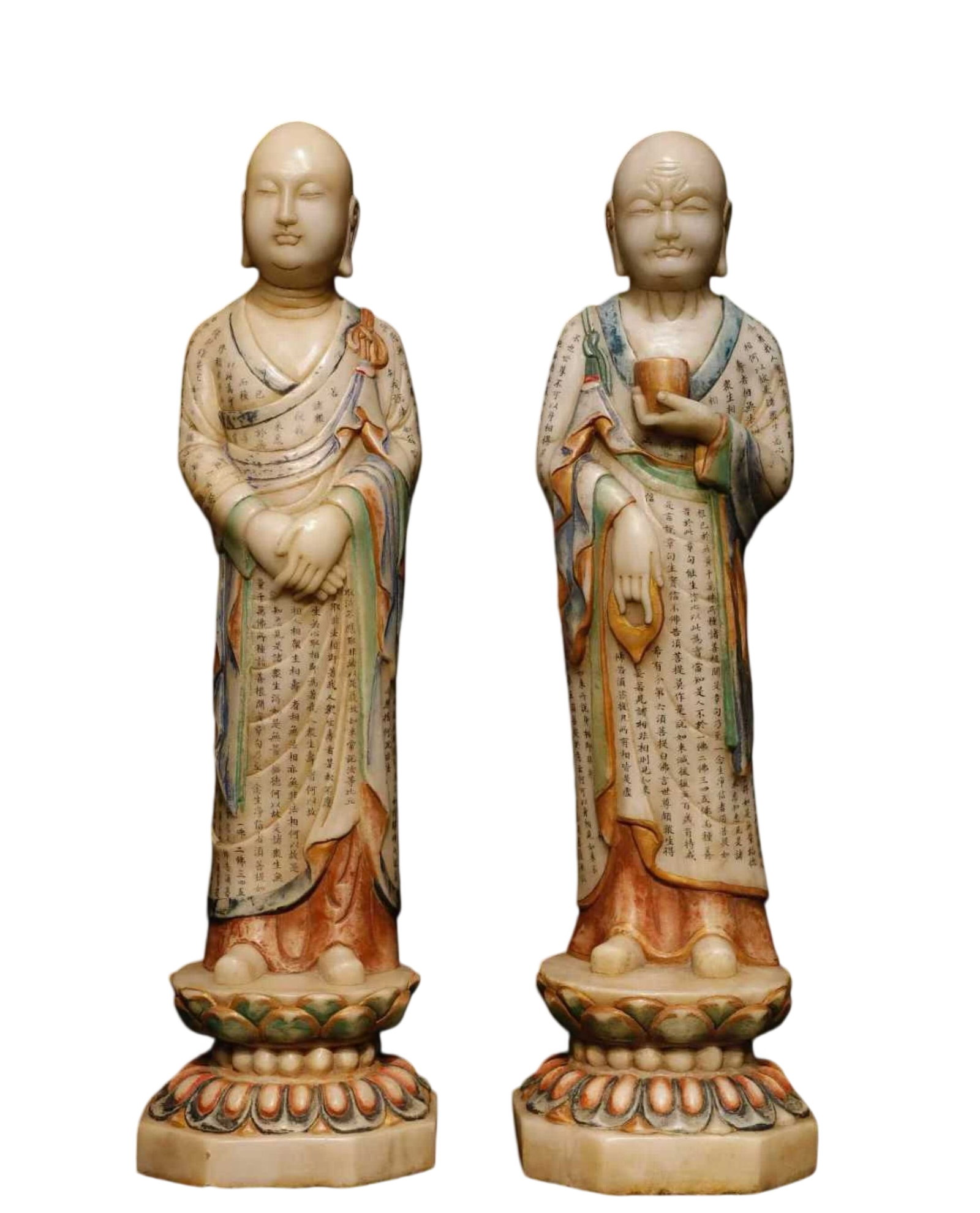 A Chinese Vertical Scroll Ink Painting of Pine and Eagle on Paper: A Pair of Solemn Marble Painted Color Ananda and Kasyapa Statue,With Scriptures,Tang Dynasty,China,Size:39.4inx11.8inx10.6in