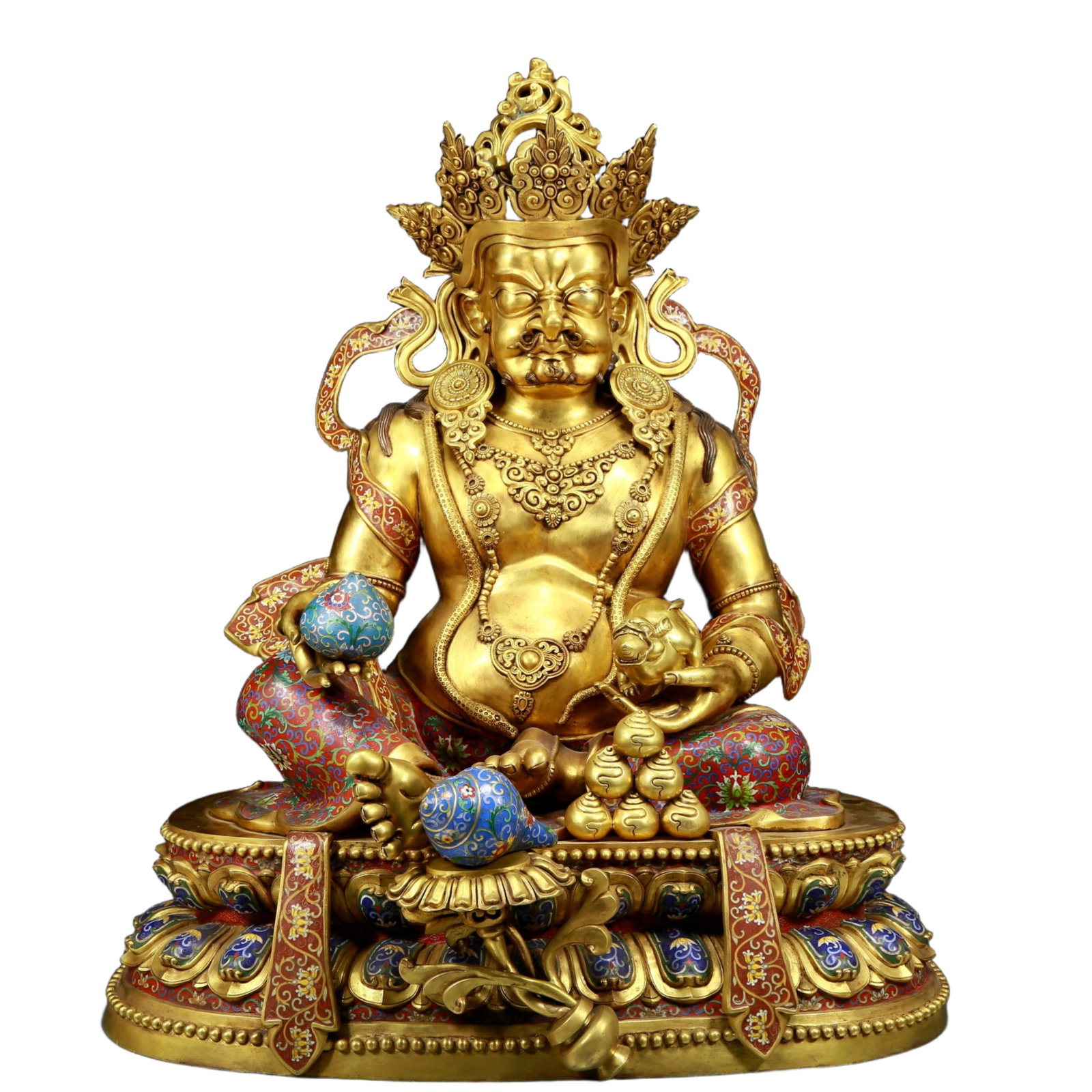 An Exquisite Beeswax Inlaid Silver Necklace: A Huge Cloisonne Gilt Bronze Statue of Mammon，Qing Dynasty, China，Size:27.6inx21.7inx32.7in，Weight:67.15kg