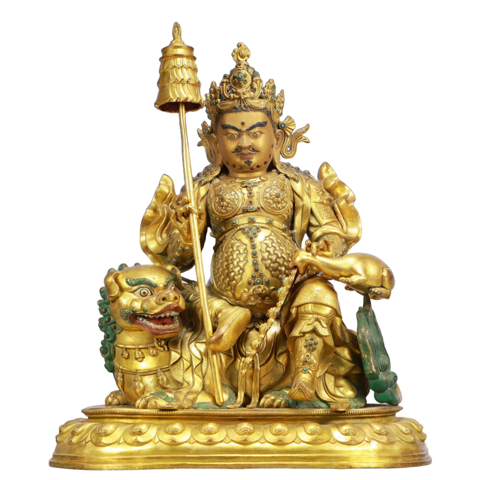 A Solemn Gilt Bronze Statue of Vajra: A Solemn Gilt Bronze Statue of Mammon Rides the Lion,Inlaid Turquoise,Qing Dynasty, China,Qianlong Mark,Size:20.9inx12.2inx25.2in,Weight:36950g