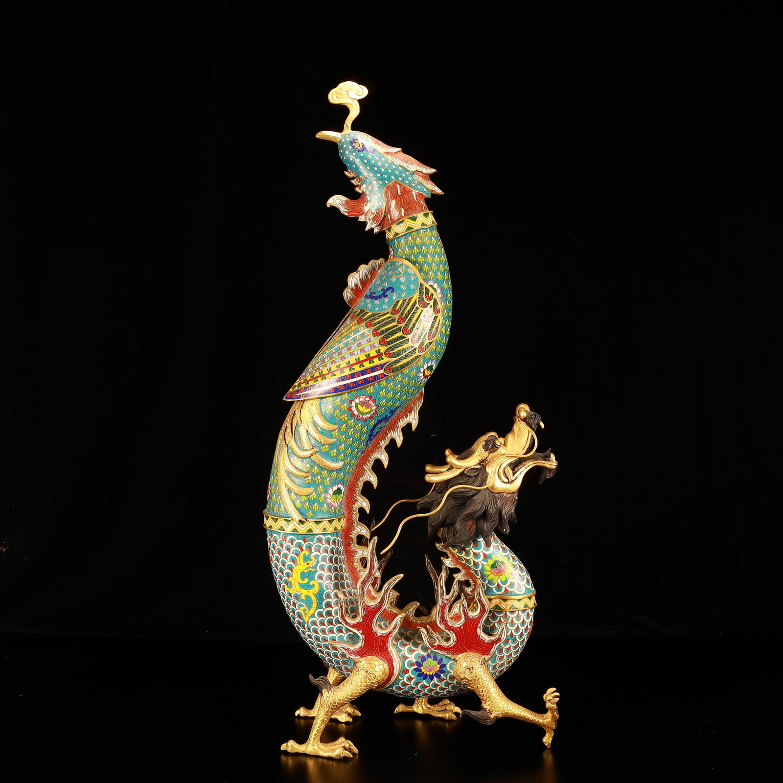 An Elaborate Bamboo 'Horse' Brush Pot With Inscriptions: A Huge Cloisonne Lotus Pattern Dragon and Phoenix Ornament,(A type of enamelware with metal wires separating colored glaze, originating in China),Qing Dynasty,China,Qianlong Four-character