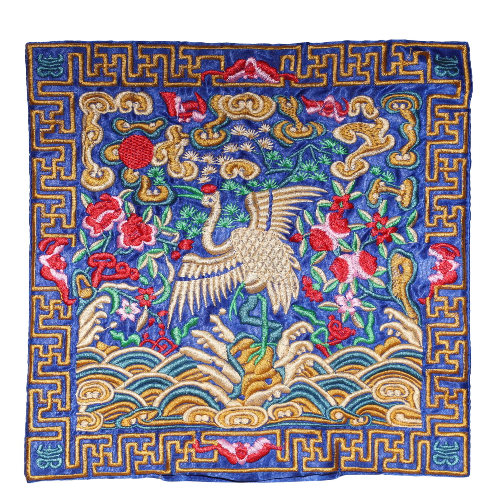 A Exquisite Gold and Silver-Inlaid Bronze Auspicious Beast Pattern Vase: An Exquisite Embroidery Crane Pattern Civil Official Rank Badges,Qing Dynasty,China,Size:10.2inx10.2in 刺绣仙鹤官补,中国清代