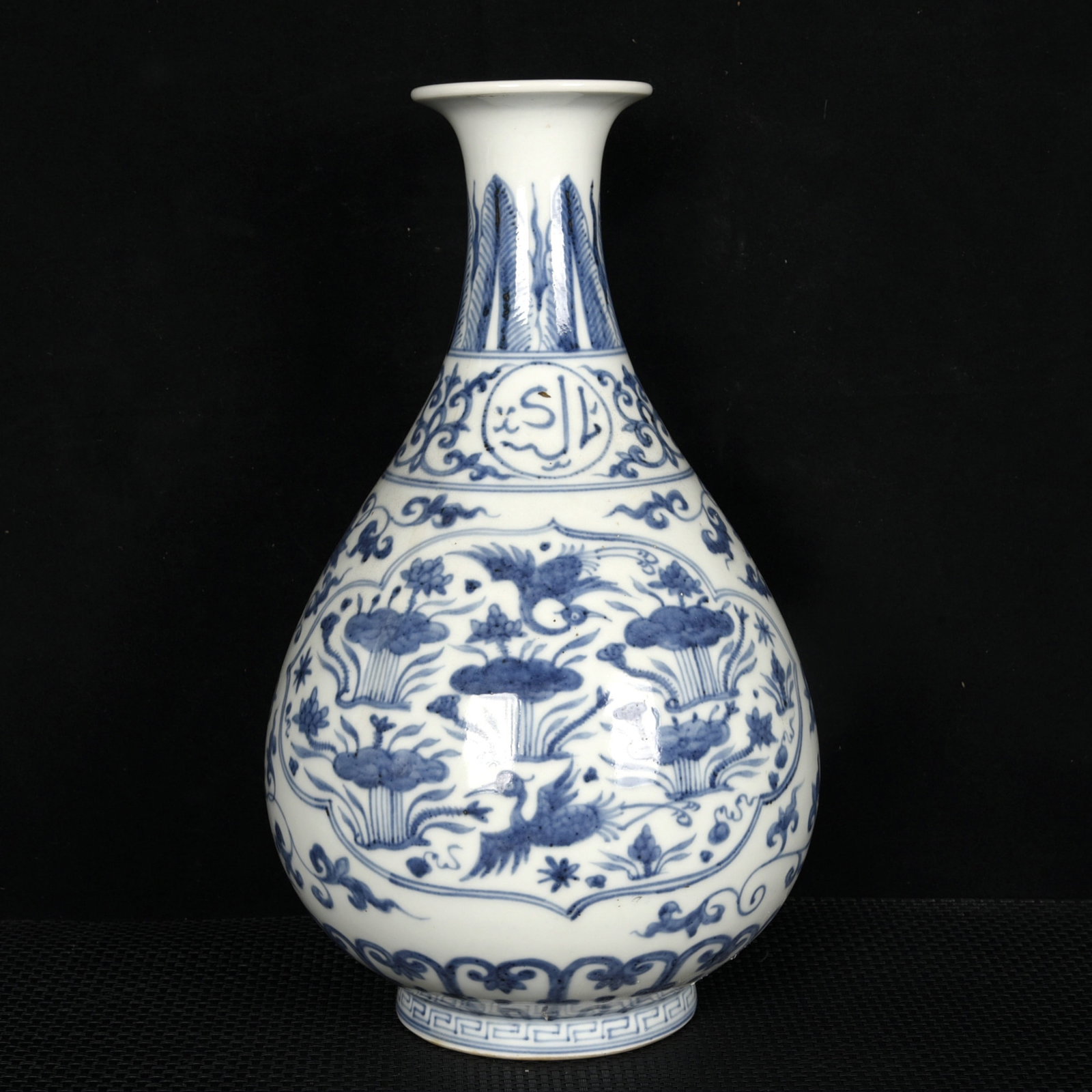 An Exquisite Chinese Vertical Scroll Ink Painting of Figure on Paper: A Rare Blue and White Flower and Mandarin Duck Pattern Vase,Ming Dynasty,China,Zhengde Six-character Mark,Size:13.4inx7.9in 青花花卉鸳鸯纹瓶,中