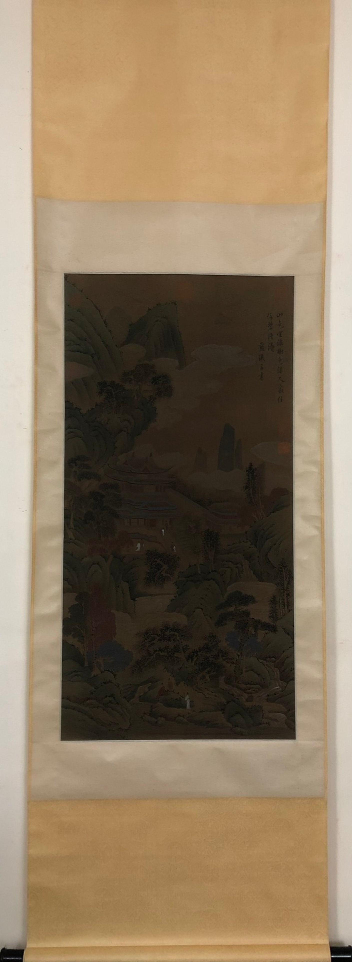 A Pair of Exquisite Bronze-Gold Plated Inlaid Jasper Earrings: A Chinese Vertical Scroll Ink Painting of Landscape on Silk,Lan Ying,Size:37inx18.5in