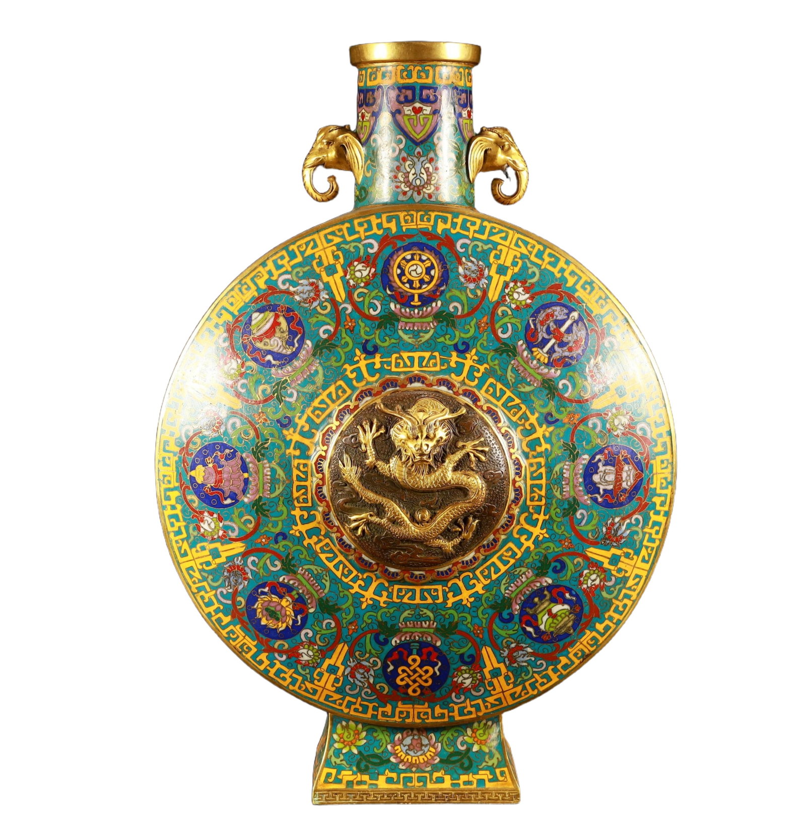 An Exquisite Blue and White Underglaze-Red Lion Seal: A Huge Cloisonne Lotus and Dragon Pattern Elephant-Ears Vase,(A type of enamelware with metal wires separating colored glaze, originating in China),Qing Dynasty,China,Yongzheng Four-character Mark,Siz