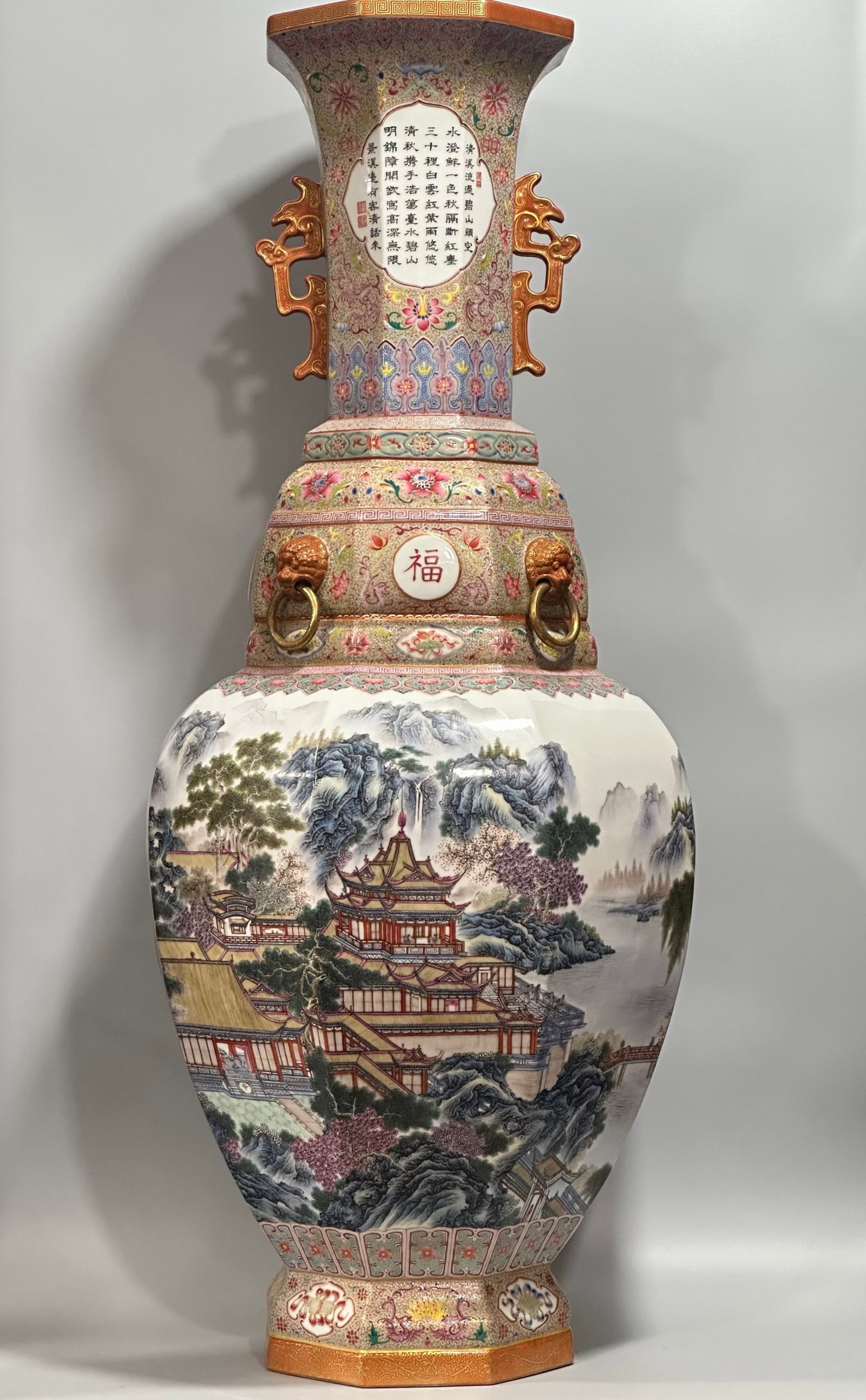 An Exquisite Ru yao Pine and Crane Pattern Plate: A Huge Enamel Painted Gold Landscape Pattern Double-Ears Vase,with poem,Qing Dynasty,China,Yongzheng Four-character Mark,Size:38.2inx15.2in 珐琅彩描金山水 