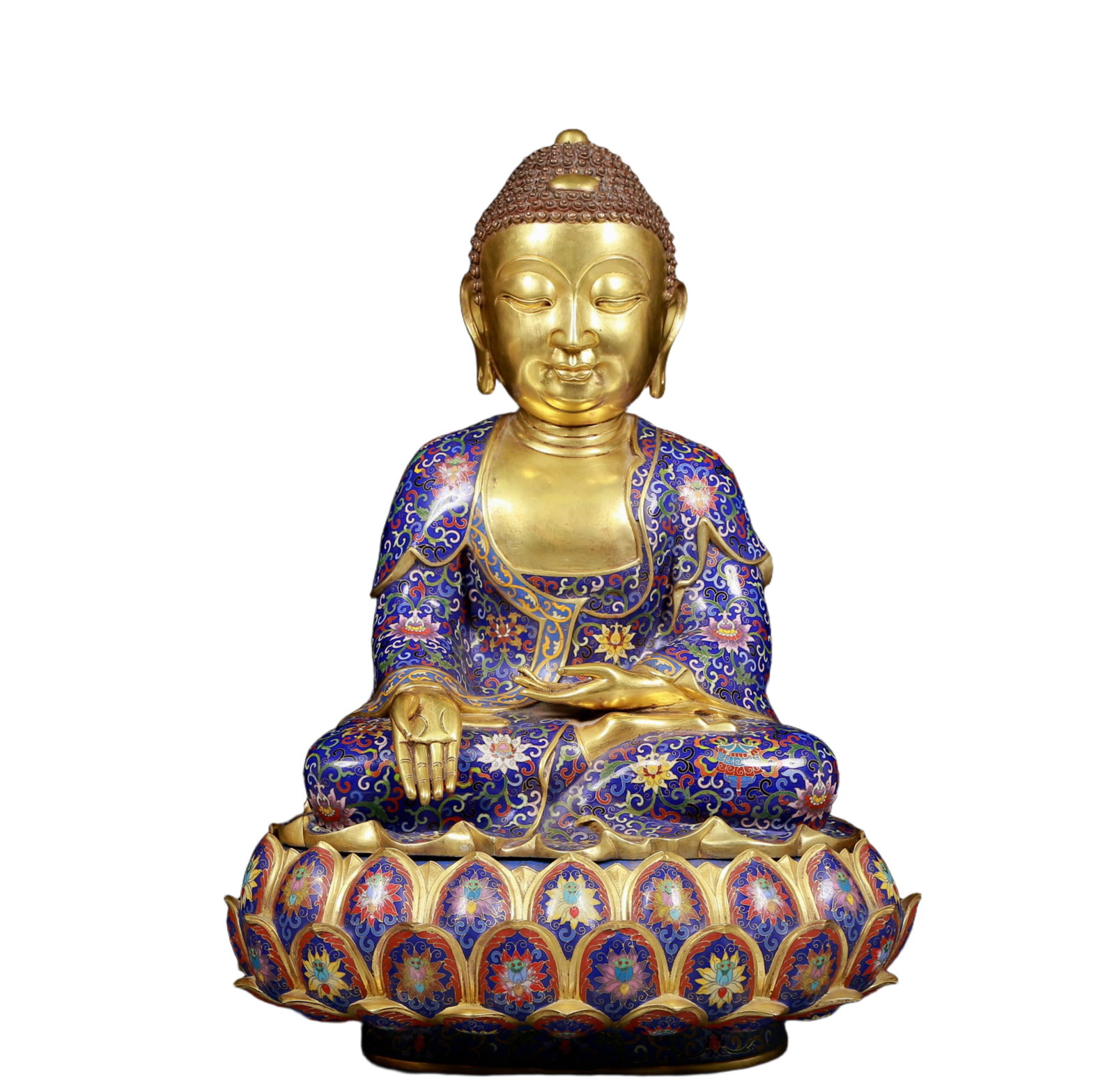 3.13Ctw Sterling Silver-Gold Plated Inlaid Natural Tourmaline Necklace: A Huge Cloisonne Statue of Sakyamuni,Qing Dynasty, China,Size:16.9inx13.4inx24.4in,Weight:21.90kg 景泰蓝如来佛像,清代