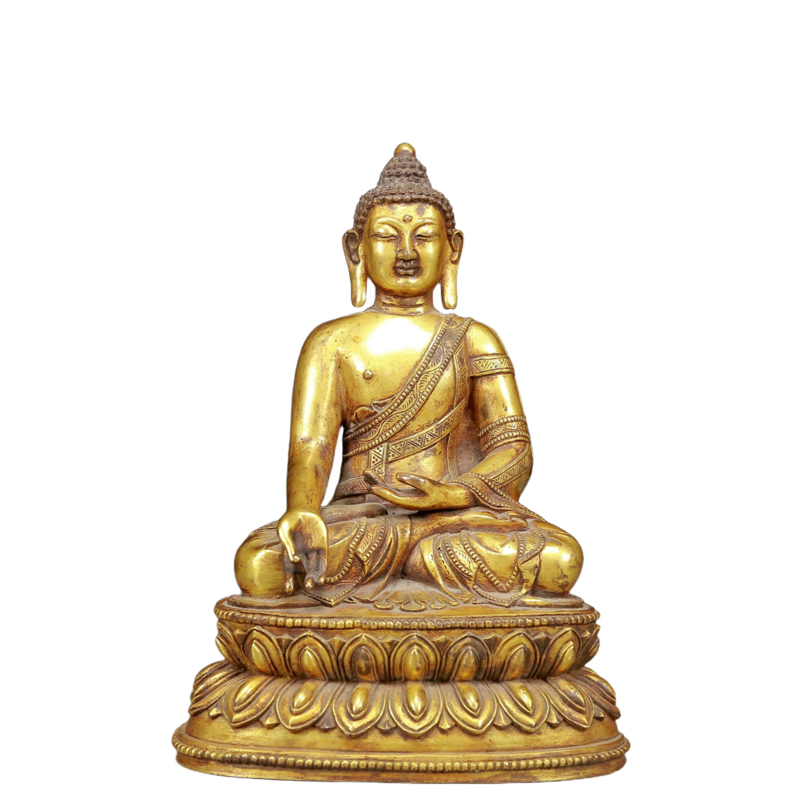 A Solemn Gilt Bronze Statue of Sakyamuni: A Solemn Gilt Bronze Statue of Sakyamuni,Ming Dynasty, China,Size:6.3inx4.5inx9.1in,Weight:2700g 铜鎏金释迦摩尼像，明代