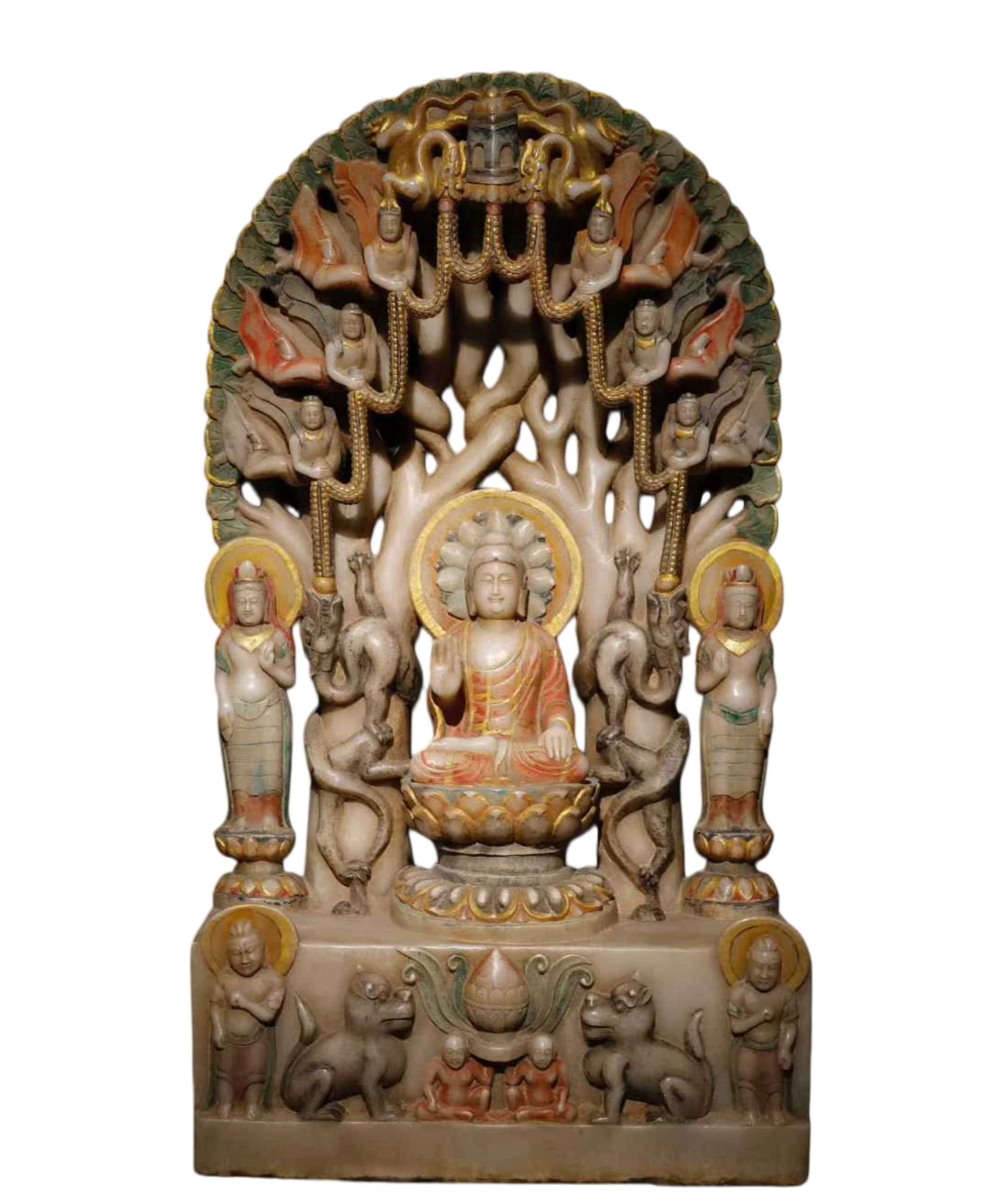 An Exquisite Ge yao Yellow Glazed Painted Gold Vase,with an Imperial Poem by Emperor Qianlong: A Solemn Marble Painted Color Statue of Sakyamuni,Tang Dynasty,China,Size:34.6inx18.9inx9.8in 汉白玉彩绘释迦摩尼像,中国唐&