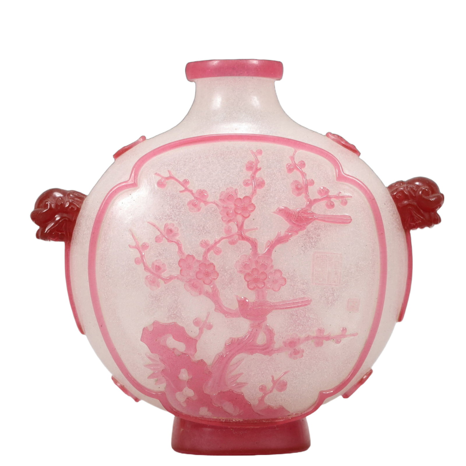An Exquisite Archaic Jade Elephant Ornament: A Pink Overlay White Glass 'Flower& Bird' Lion-Handled Vase. Painted with plum blossoms. Chinese Qing Dynasty. Qianlong Four-Character Mark. Size:7.1inx2.8inx7.1in 清代 乾隆