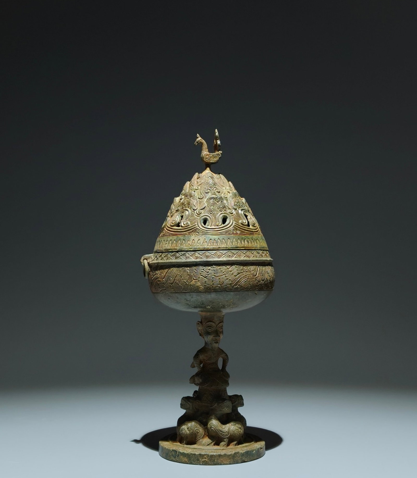 An Exquisite Sterling Silver-Gold Plated Inlaid Red Agate Necklace: An Archaic Bronze Coiled-Dragon Pattern Censer,the Warring States period in China,Size:6.3inx3.9in 青铜蟠龙纹香炉,中国战国时