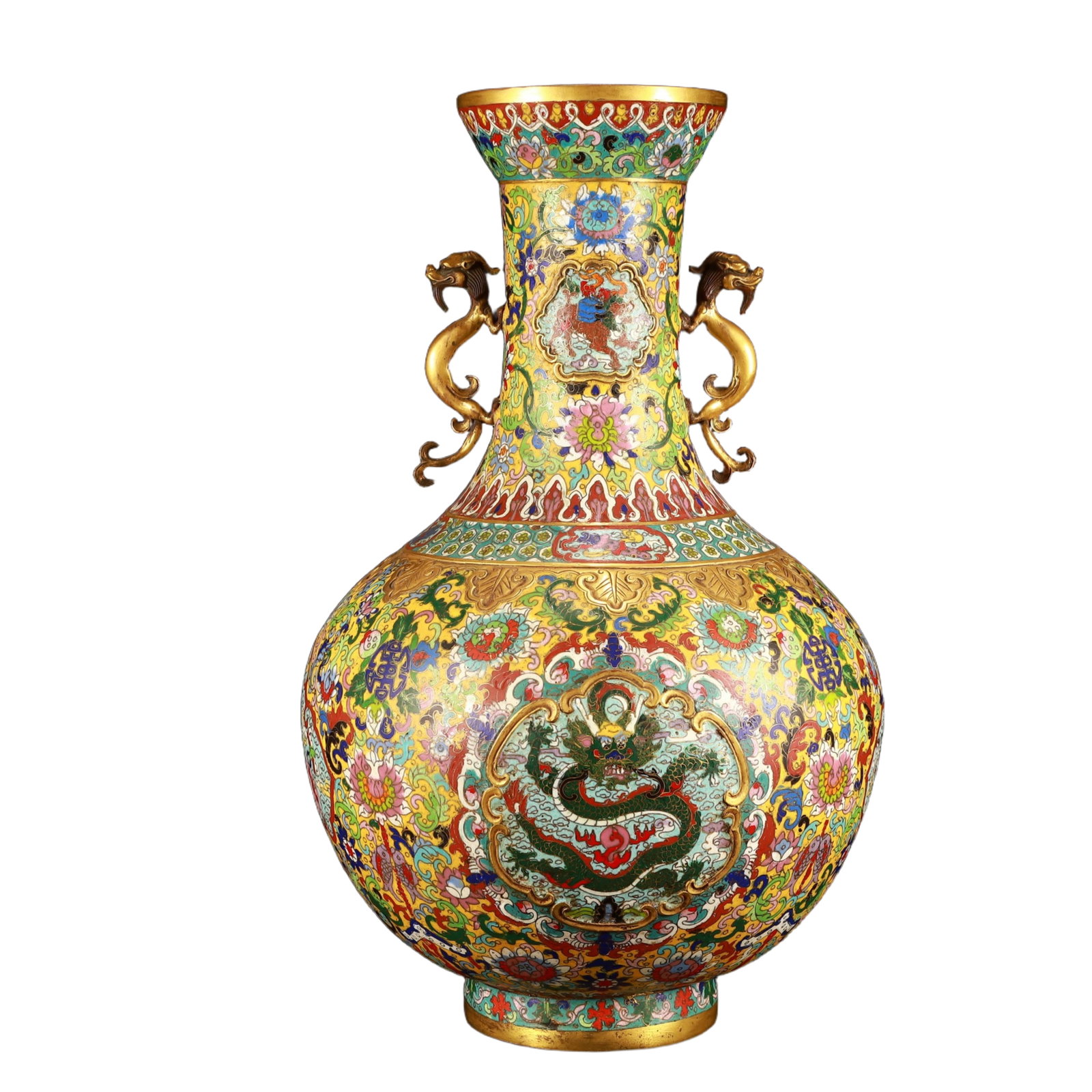 An Exquisite Greenish Jade Flower Pattern Double-Ears and Tripod Censer: A Huge Cloisonne Flower and Dragon Pattern Double-Ears Vase,(A type of enamelware with metal wires separating colored glaze, originating in China),Qing Dynasty,China,Yongzheng Four-character Mark,Size