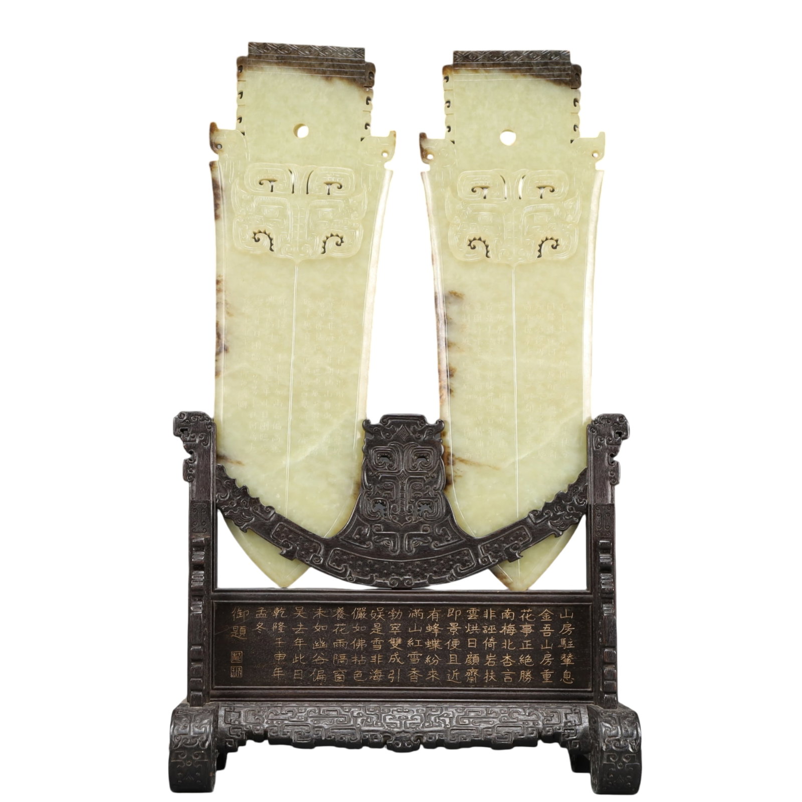 A Pair of Precious Greenish Jade Beast-Face Pattern Ornaments,With an Imperial Poem by Emperor Qianl: A Pair of Precious Greenish Jade Beast-Face Pattern Ornaments,With an Imperial Poem by Emperor Qianlong,Qing Dynasty, China,Size:11.8inx6.3inx19.7in Weight:2700g 一对青白஍