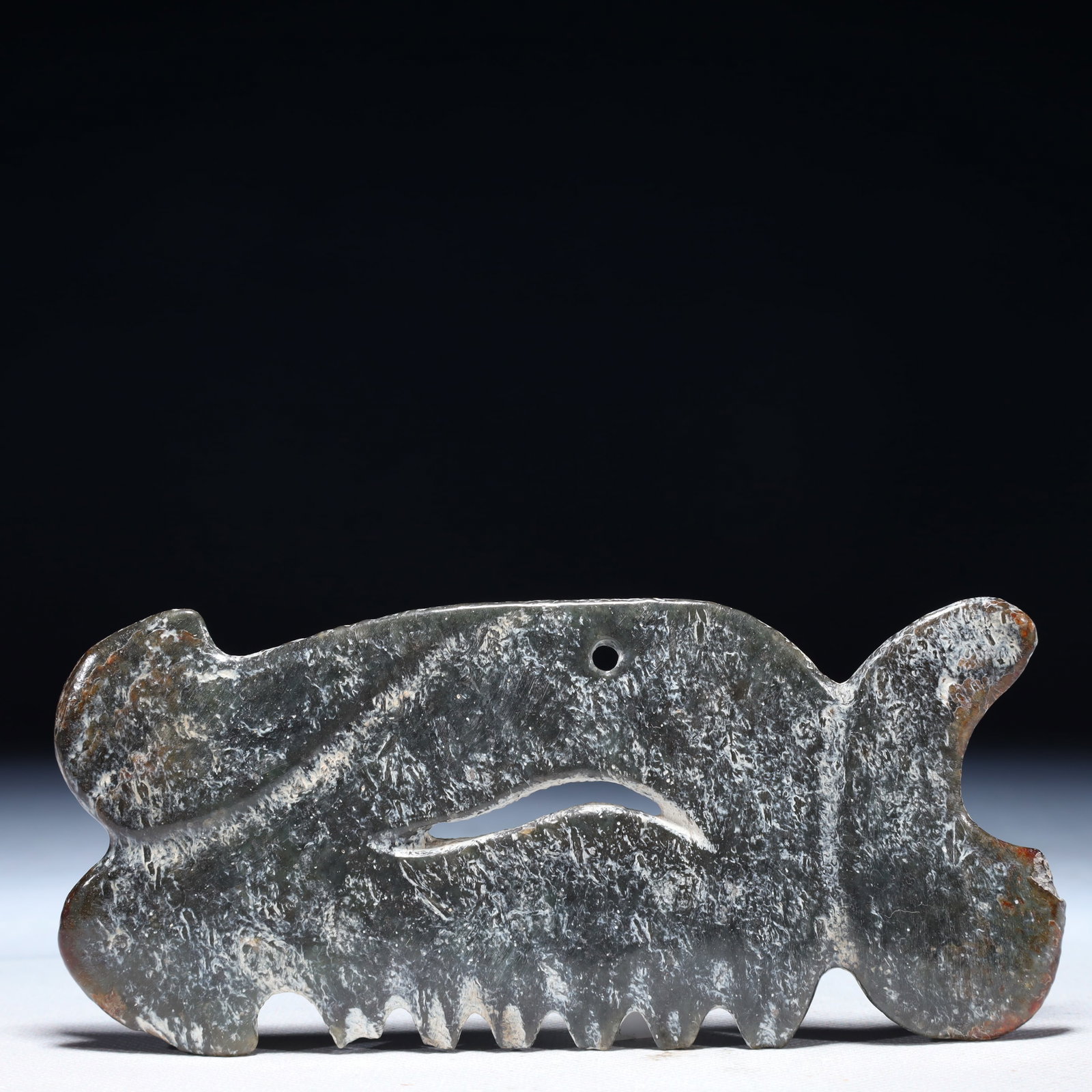 An Exquisite Wood Carving Character and Story Pattern Brush Pot: An Archaic Hongshan Culture Greenish Jade Pendant,Ancient Time,China,Size:6.3inx2.8in,Weight:150g 红山文化青白玉挂件,中国新ĳ