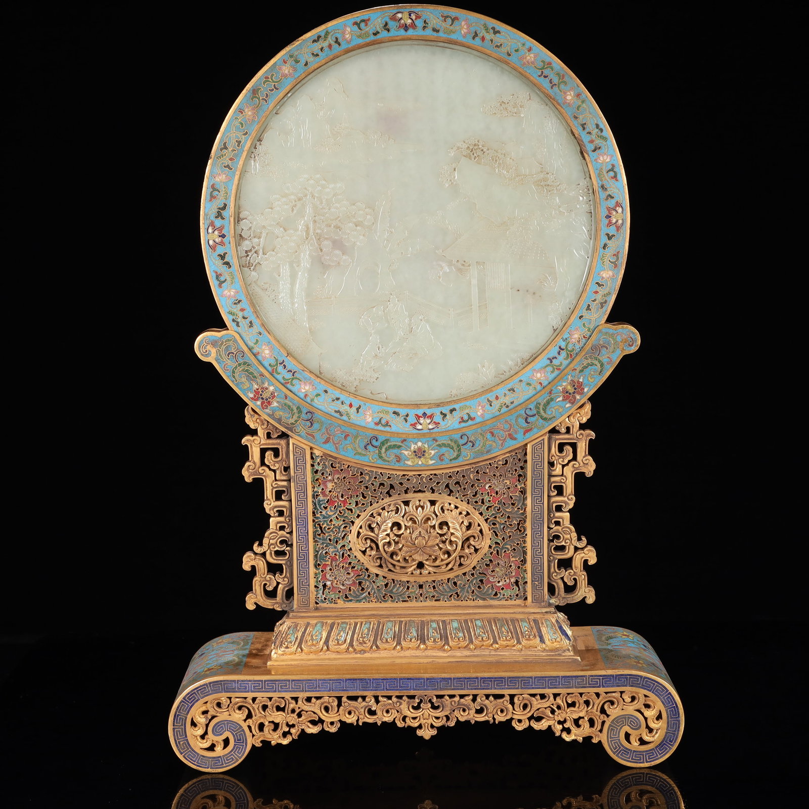 A Pair of Exquisite Sterling Silver Inlaid Jadeite Earrings: A Huge Cloisonne Inlaid White Jade Landscape and Figure Pattern Table Screen,With an Imperial Poem by Emperor Qianlong,Qing Dynasty, China,Qianlong Four-character Mark,Size:12.2inx3.5inx17.9in,Weight: