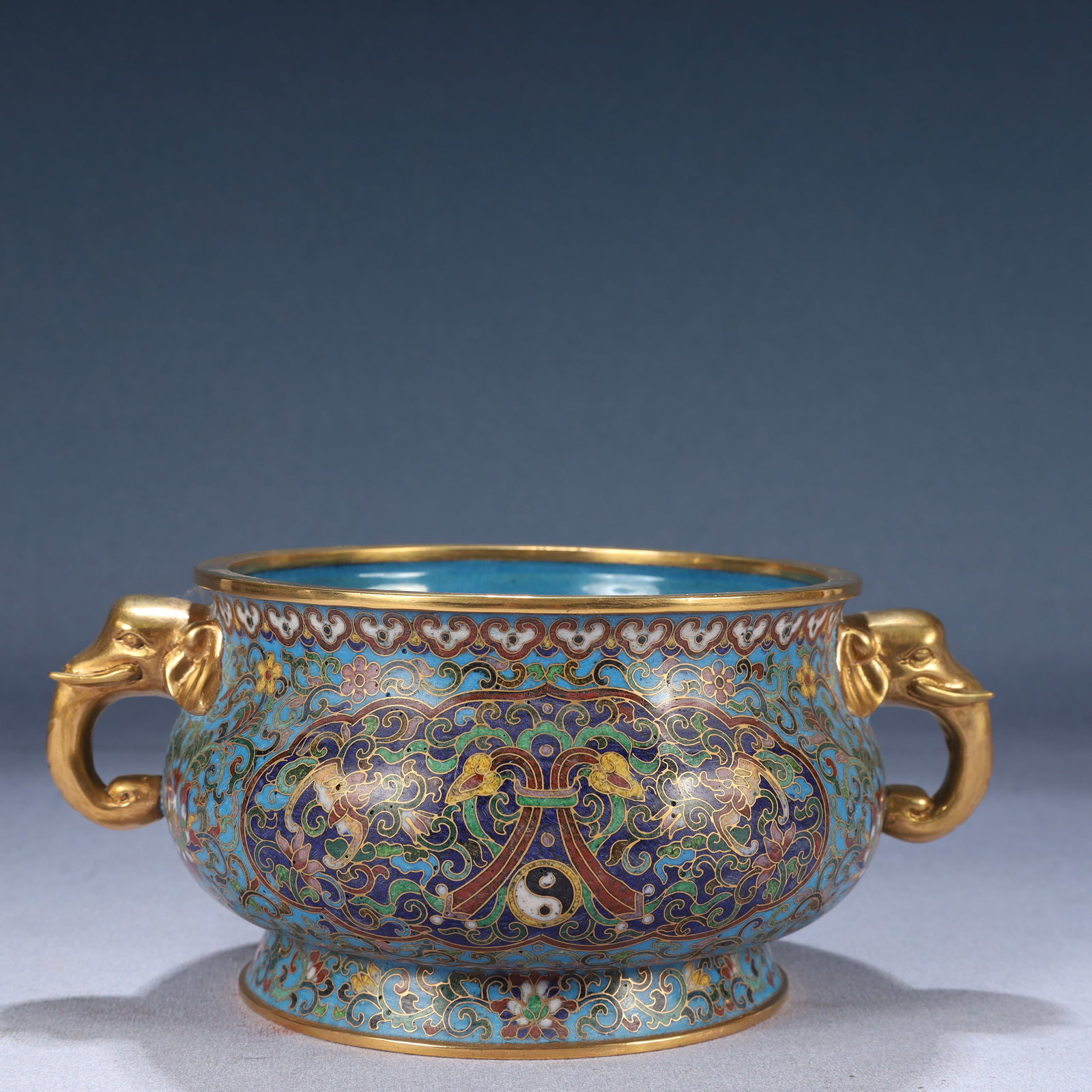 An Exquisite Bodhi Bracelets: An Exquisite Cloisonne Lotus and Bats Pattern Elephant-Ears Censer,Qing Dynasty, China,Qianlong Four-character Mark,Size:7.9inx5.9inx3.5in,Weight:1200g 景泰蓝缠枝莲