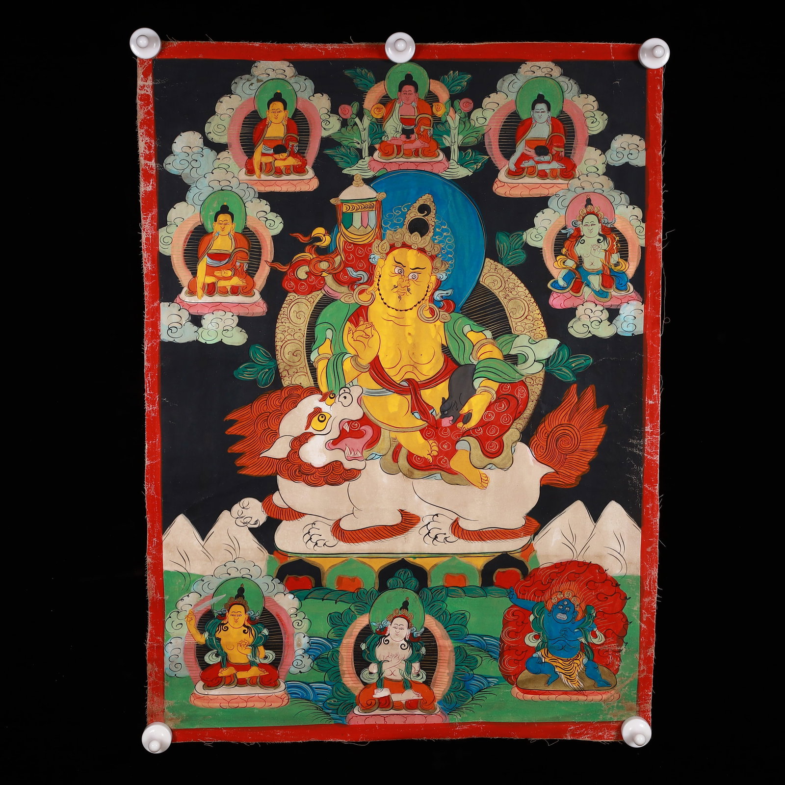 A Rare Painted Color Statue of Mammon Rides the Lion Tangka: A Rare Painted Color Statue of Mammon Rides the Lion Tangka,Qing Dynasty, China,Size:19.7inx27in 彩绘骑狮财神像唐卡,中国清ߣ