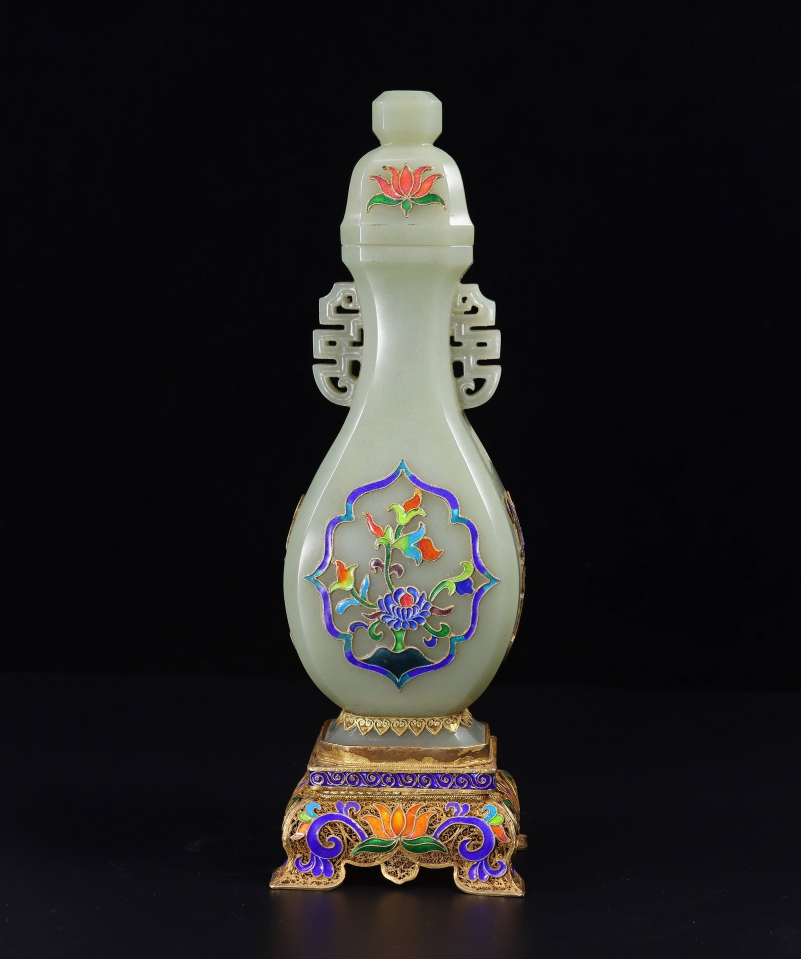 An Exquisite Filigree and Gilding Inlaid White Jade Flower Pattern Double-Ears Bottle (1 of 10)