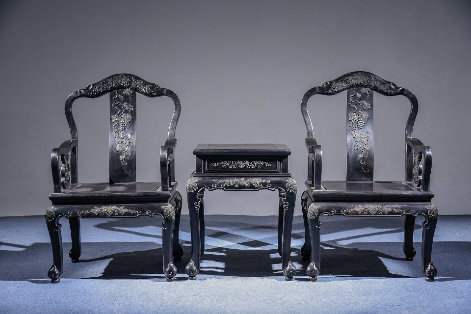 A Set of Zitanwood Squirrel and Grapes Pattern Table and Armchair (1 of 9)