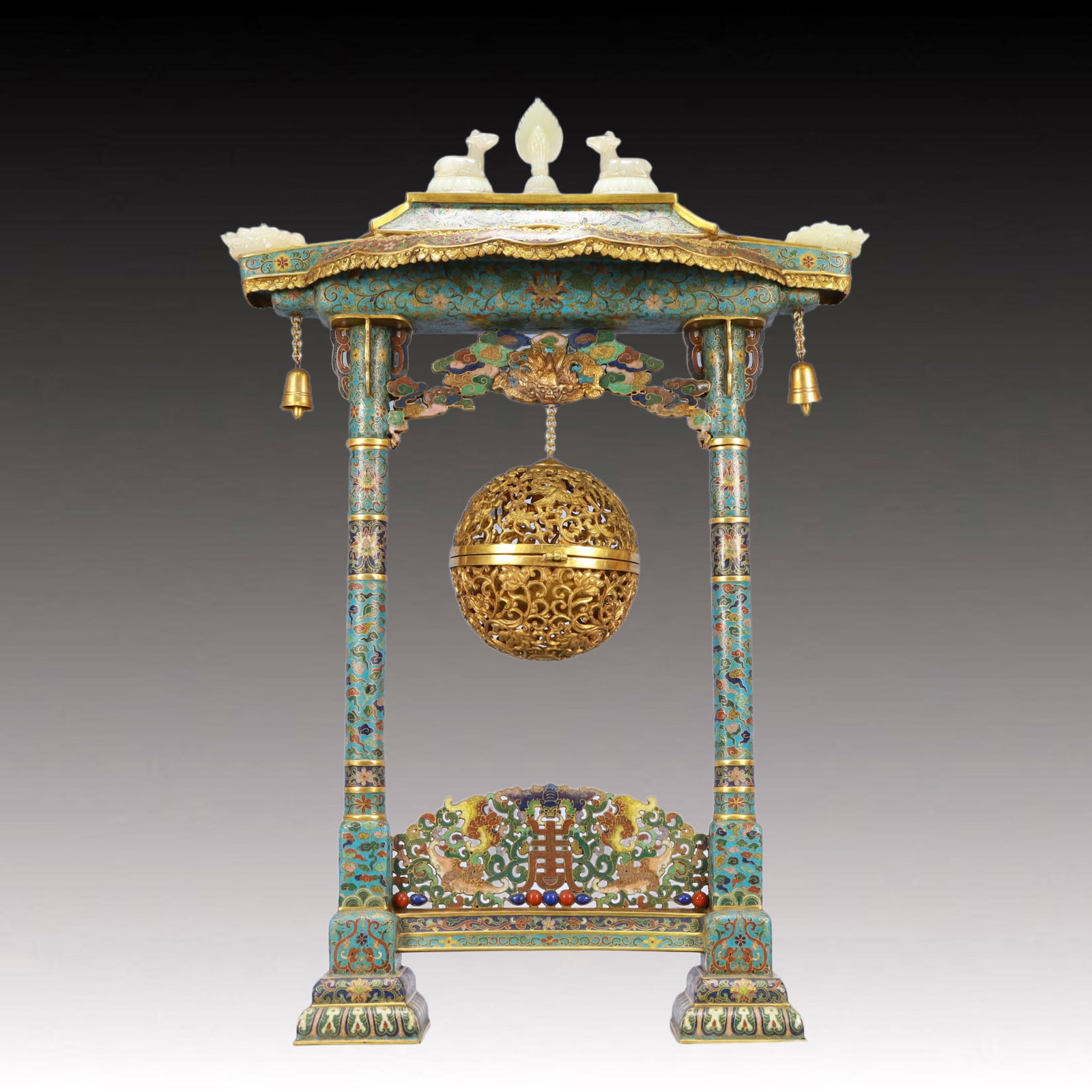 A Huge Cloisonne Inlaid White Jade Bats and Peach Pattern Censer: A Huge Cloisonne Inlaid White Jade Bats and Peach Pattern Censer,Qing Dynasty, China,Size:17.3inx7.9inx25.2in,Weight:7250g 景泰蓝嵌白玉福寿纹Ɖ