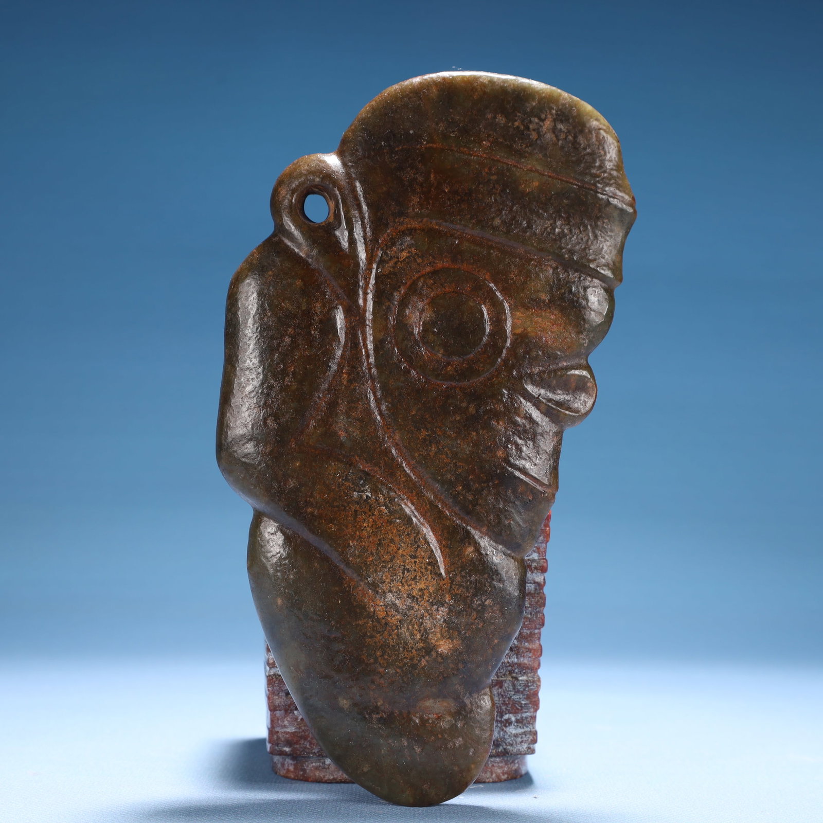 An Archaic Hongshan Culture Greenish Jade Figure Pendant: An Archaic Hongshan Culture Greenish Jade Figure Pendant,Ancient Time,China,Size:3.9inx0.8inx7.1in,Weight:550g